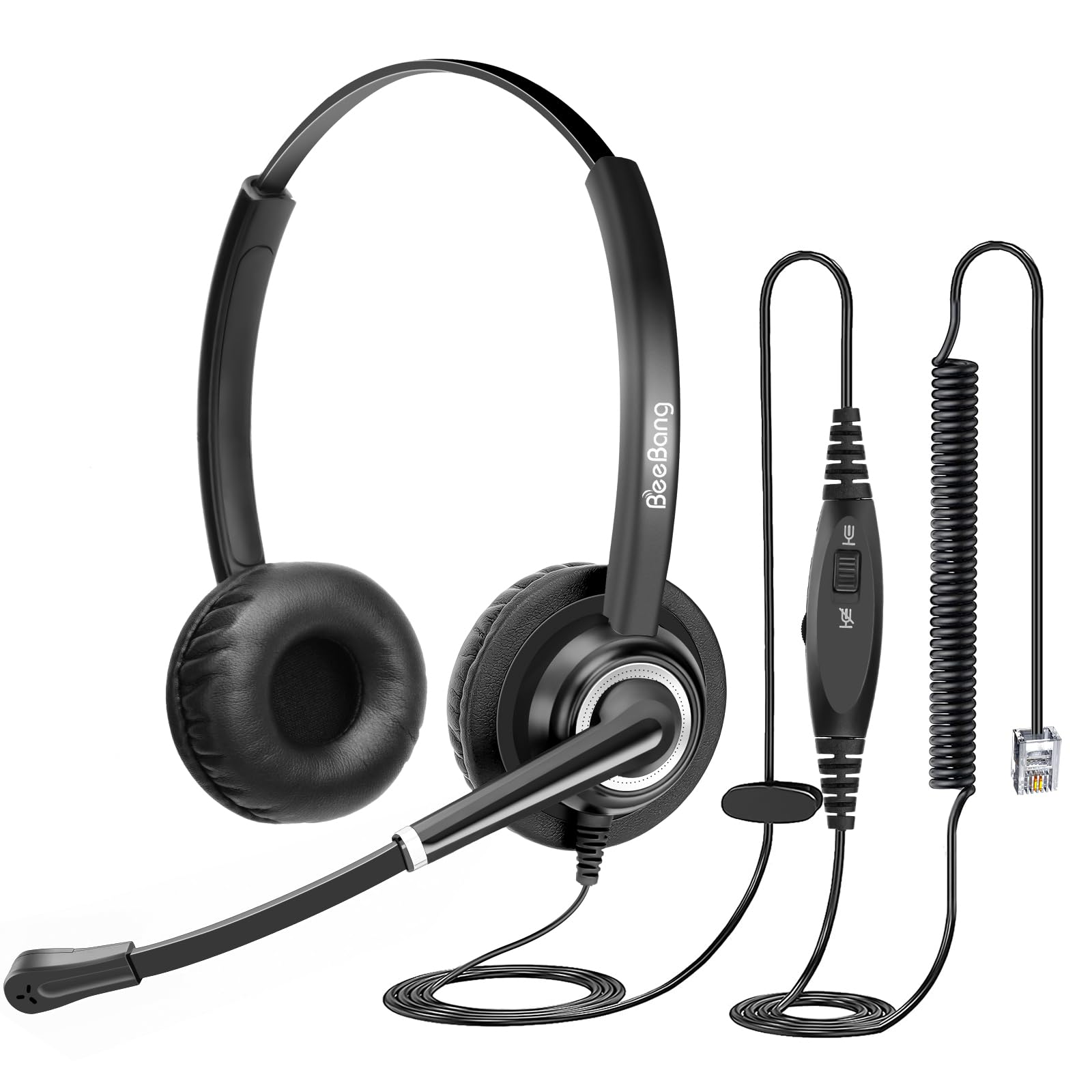 Beebang Telephone Headset With Microphone Noise Canceling For Office Landline Deskphone, With Mic Mute Volume Controller, Binaur
