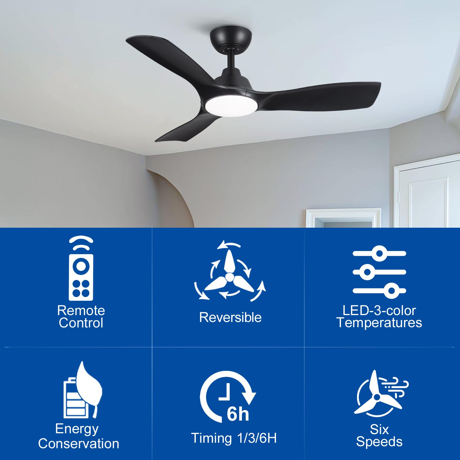 42 Inch Ceiling Fans With Lights And Remote Control,Black Ceiling Fan With 3 Blades,Downrod,6 Speed Reversible Dc Motor,3Cct Dim