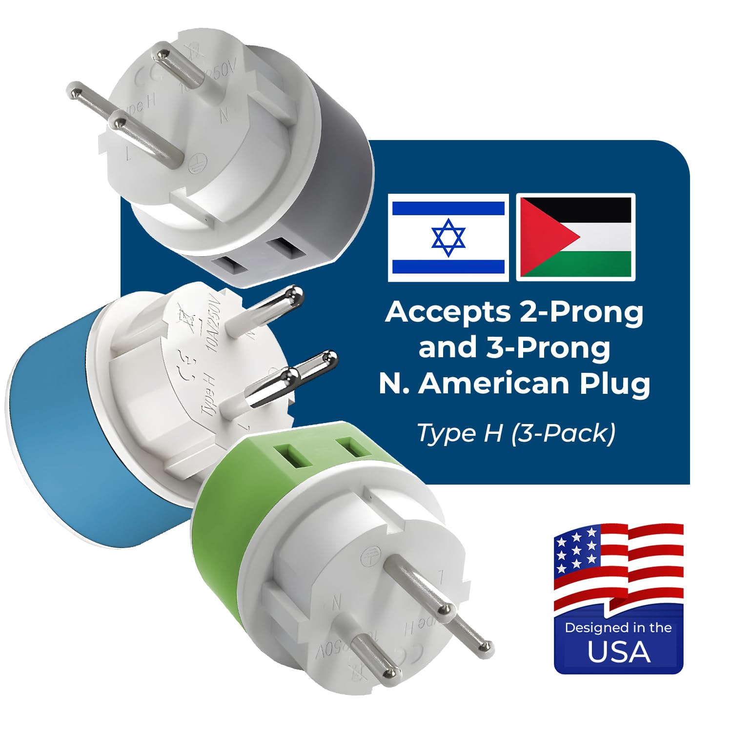 Orei Israel, Palestine Power Plug Adapter With 2 Usa Inputs   Travel 3 Pack   Type H (Us 14) Safe Grounded Use With Cell Phones,