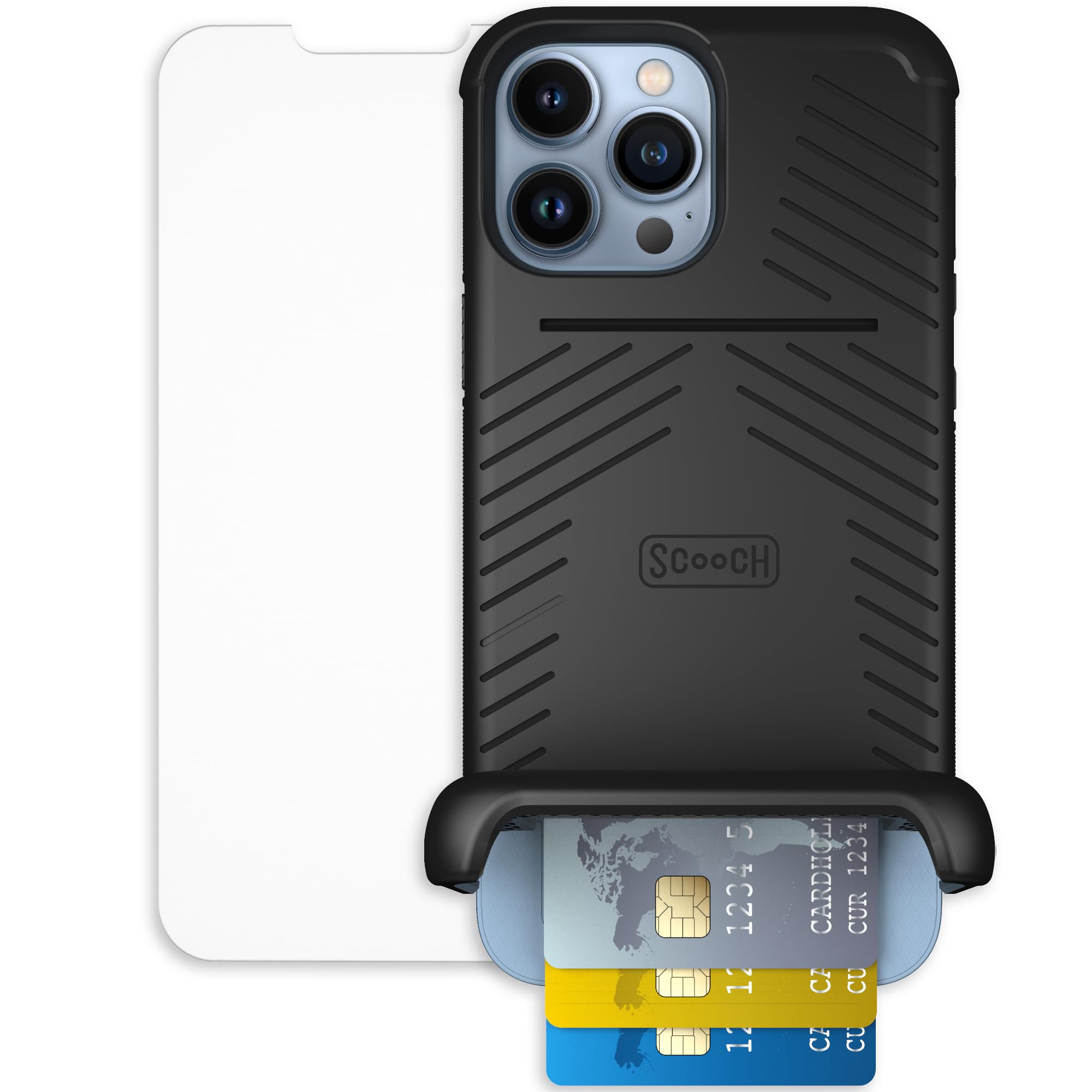 Scooch for iPhone 13 Pro Max Case with Card Holder, Wingmate Wallet Case Black, Bundled with Tempered Glass Screen Protector