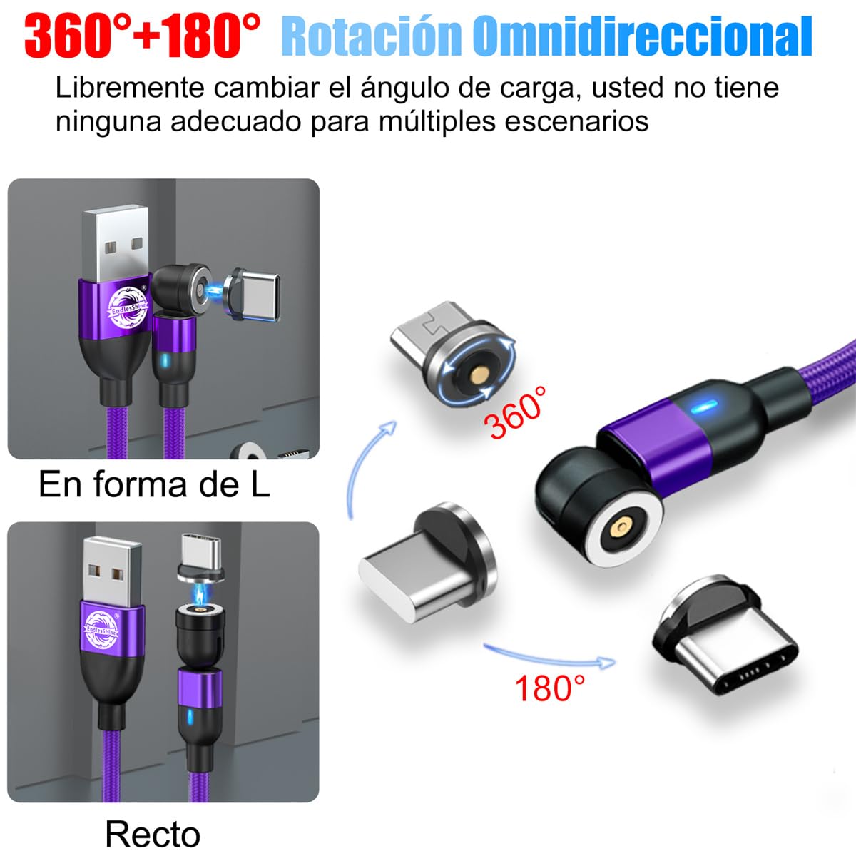 Endlesshine Magnetic Charging Cable [3Pack 3.3/6.6/6.6Ft] 540� Rotation Magnetic Phone Charger.Usb C Cable,Micro Usb,Iproduct Device 3 In 1.Led Light Magnet Android Charger Type C Cable(Purple)