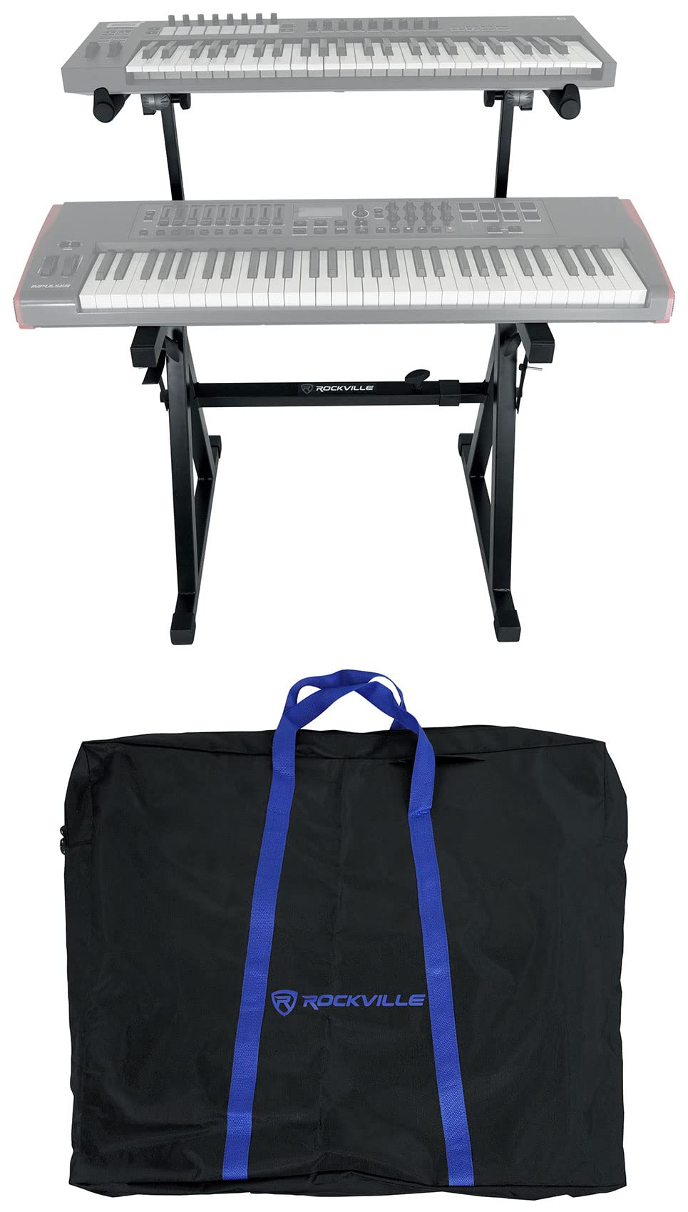 Rockville Z55 Z-Style 2-Tier Piano Keyboard Stand W/ Bag & Headphone Hook - Portable & Sturdy, Height & Width Adjustable, Fits 5