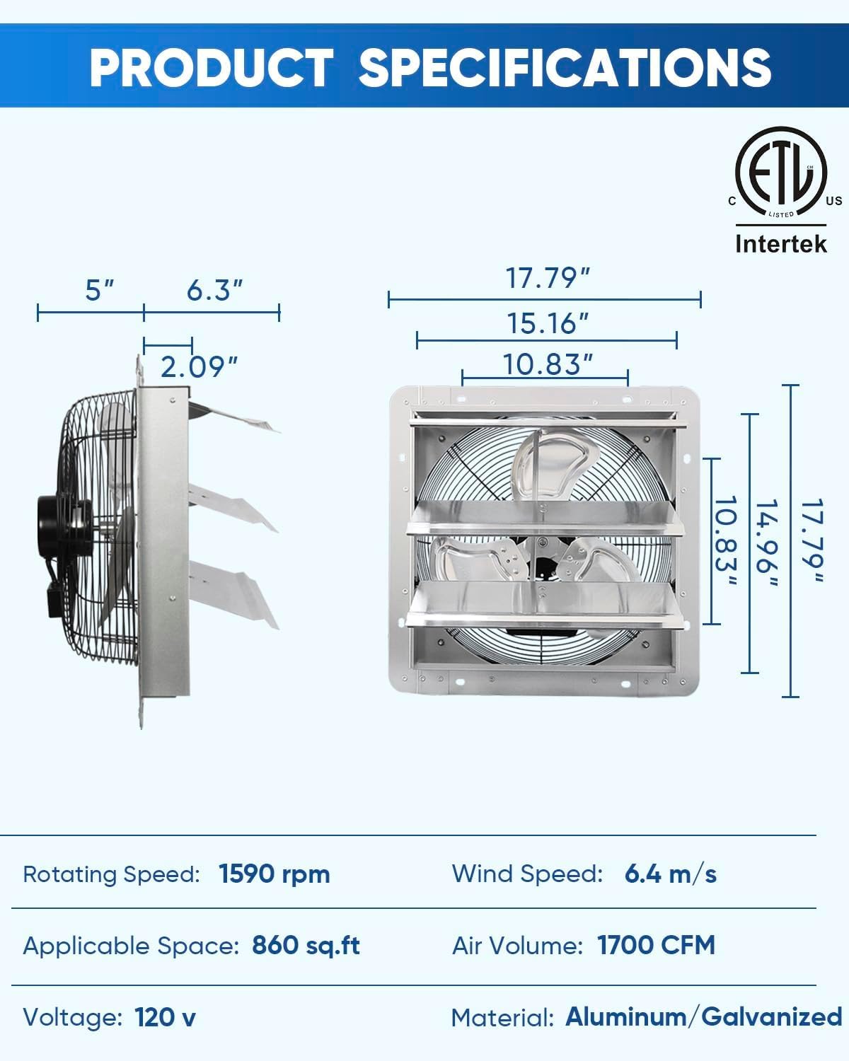 Jpower 14 Inch Shutter Exhaust Fan, Gable Vent Fan, Wall Mount Ventilation, High Speed 1950 Cfm, Automatic Aluminum Blades, For