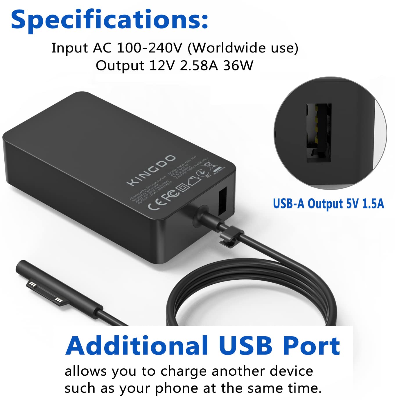 Charger For Surface Pro 3 Surface Pro, Kingdo 36W 12V 2.58A Power Supply Compatible Surface Pro 3 Surface Pro 4 I5 I7 Surface Pro 5 6 7 8 9 Surface Laptop Surface Go 3/2/1 With Carrying Case