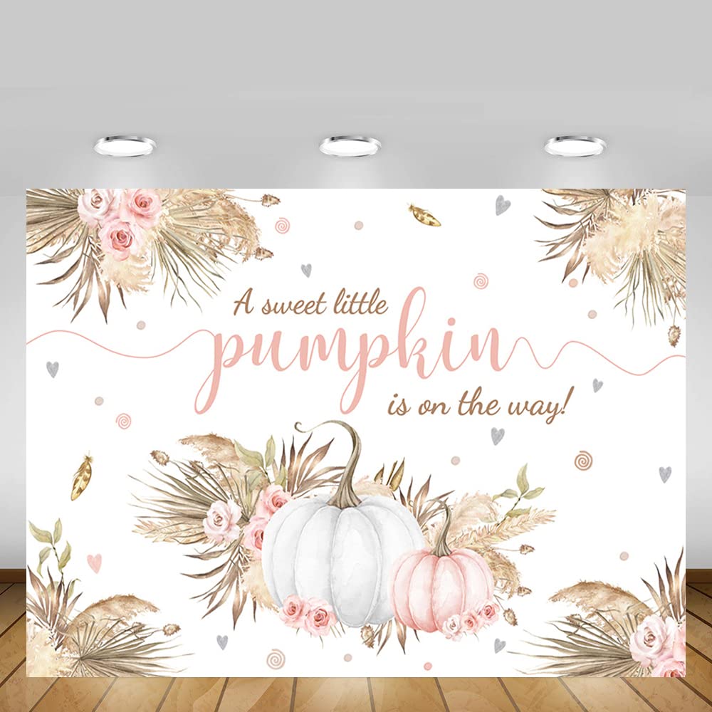 Mehofond 7X5Ft Autumn Boho Little Pumpkin Backdrop For Girl Baby Shower Fall Leaves Pampas Grass Pink White Floral Background Fo