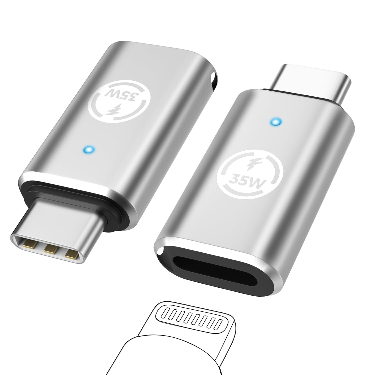 MoKo Lightning Female to USB C Male Adapter 2Pack,Lightning USB C Adaptor for iPhone 15/16 Pro/16 Pro Max/Plus,Galaxy S24,iPad, iPhone to USB C Adapter for Fast Charging, NOT for Headphone, Silver 35W