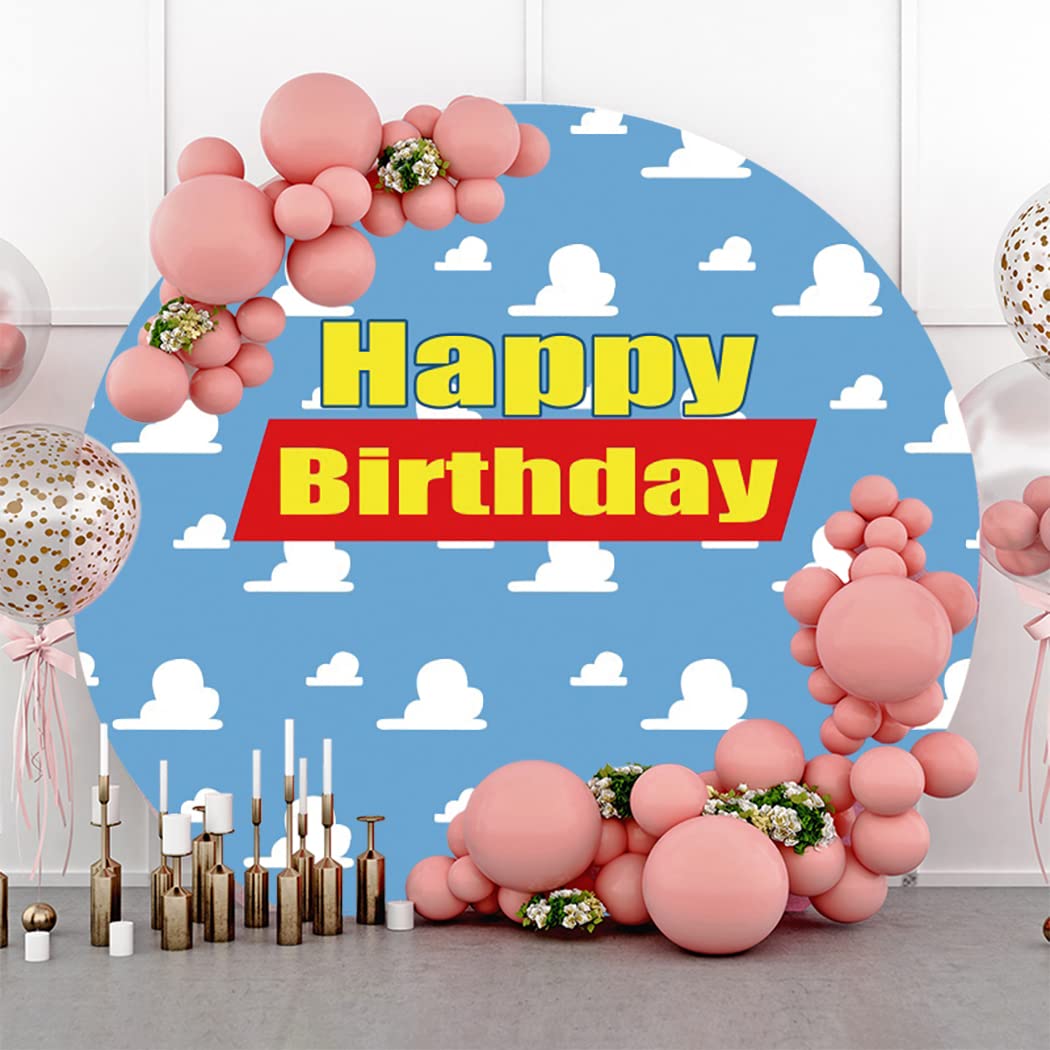 Leyiyi 7.2X7.2Ft Cartoon Happy Birthday Round Backdrop Blue Sky White Clouds Round Background For Photography Children Kids Baby
