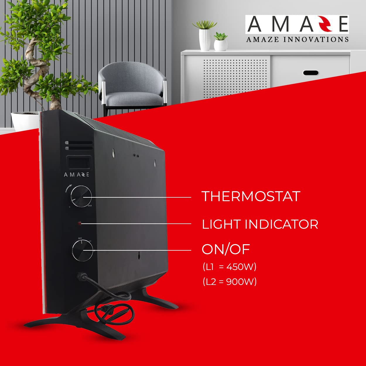Amaze Heater Classic Model Dual Convection Glass Panel Electric Heater   120V, 450/900 Watt (1534/3068 Btu/Hr)   Ideal For 250 T
