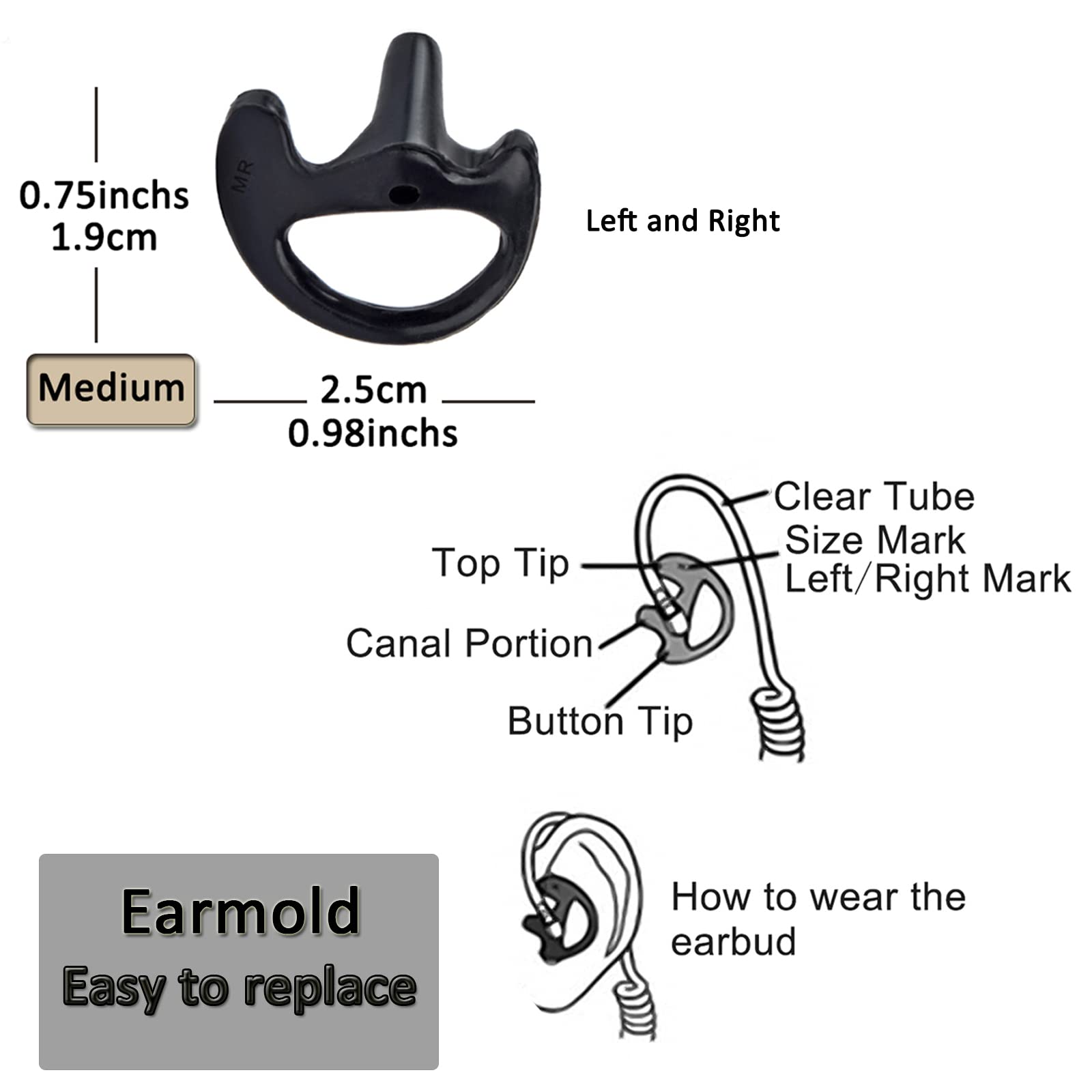Hys Replacement Soft Flexible Open Ear Insert Ear Buds Medium Earmold Ear Pieces For Walkie Talkie Radio Transparent Air Acoustic Earpiece Headset, 2Pair Black Left And Right Earmold