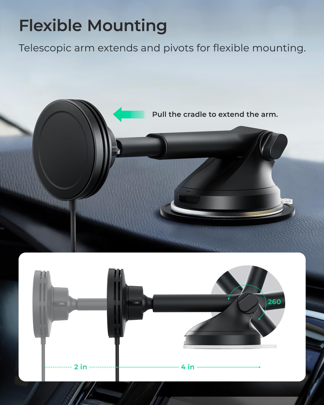 Iottie Velox Qi2 Mini 15W Wireless Charger Car Mount - Dash & Windshield Car Phone Holder - Magsafe Compatible Iphone Mount For