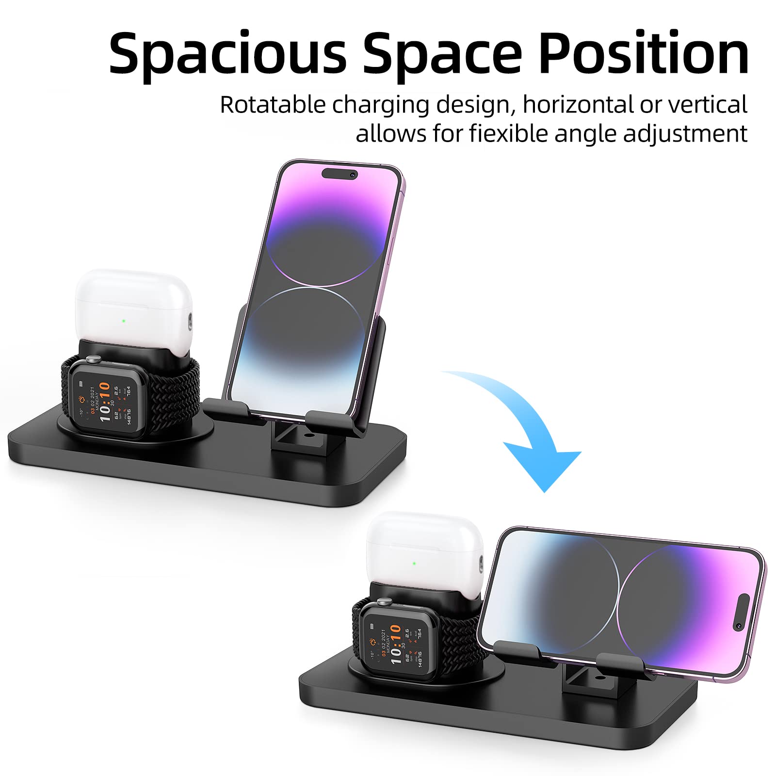 180Rotation Phone Charger Stand Holder,3In1 Charger Dock, Charging Stand For Apple Iwatch/Airpods/Ipad And Most Smartphones (Bla