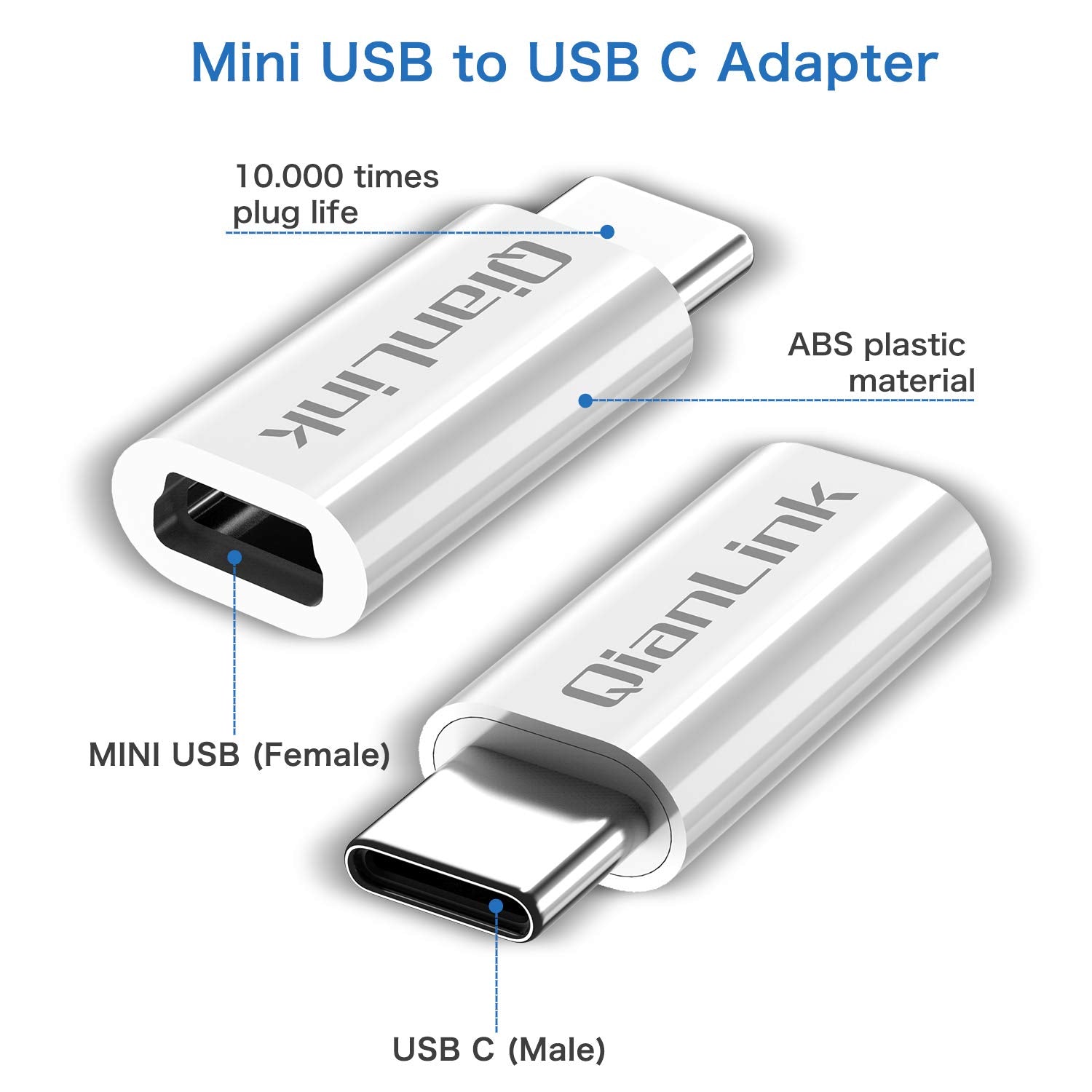 QianLink Mini USB to USB C Adapter QER3 Fast Charging Data Sync White (2-Pack)