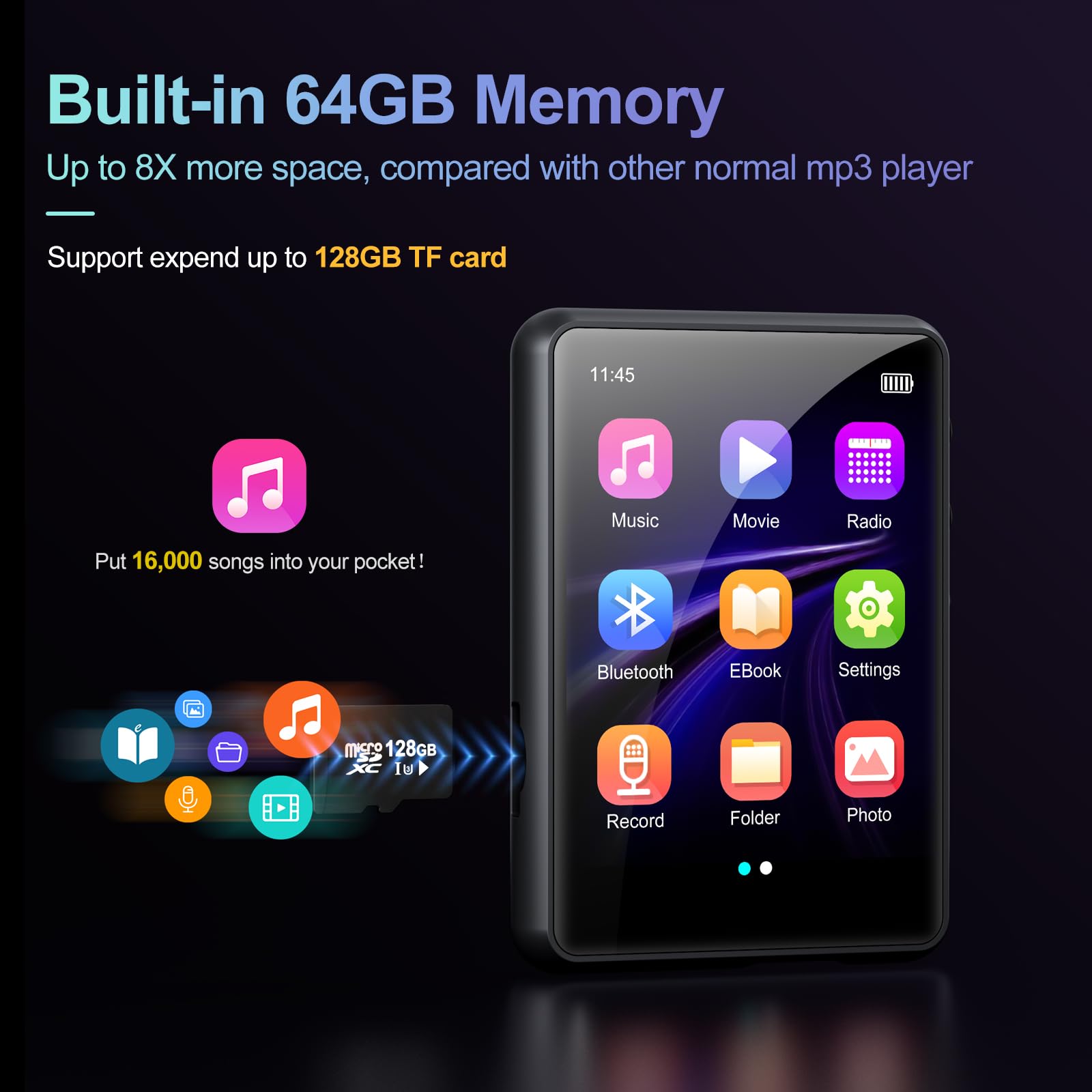 Mp3 Player With Bluetooth 5.3, Portable Hifi Lossless Sound Music Player With Speaker, Built In 64Gb Memory, Fm Radio, Voice Rec