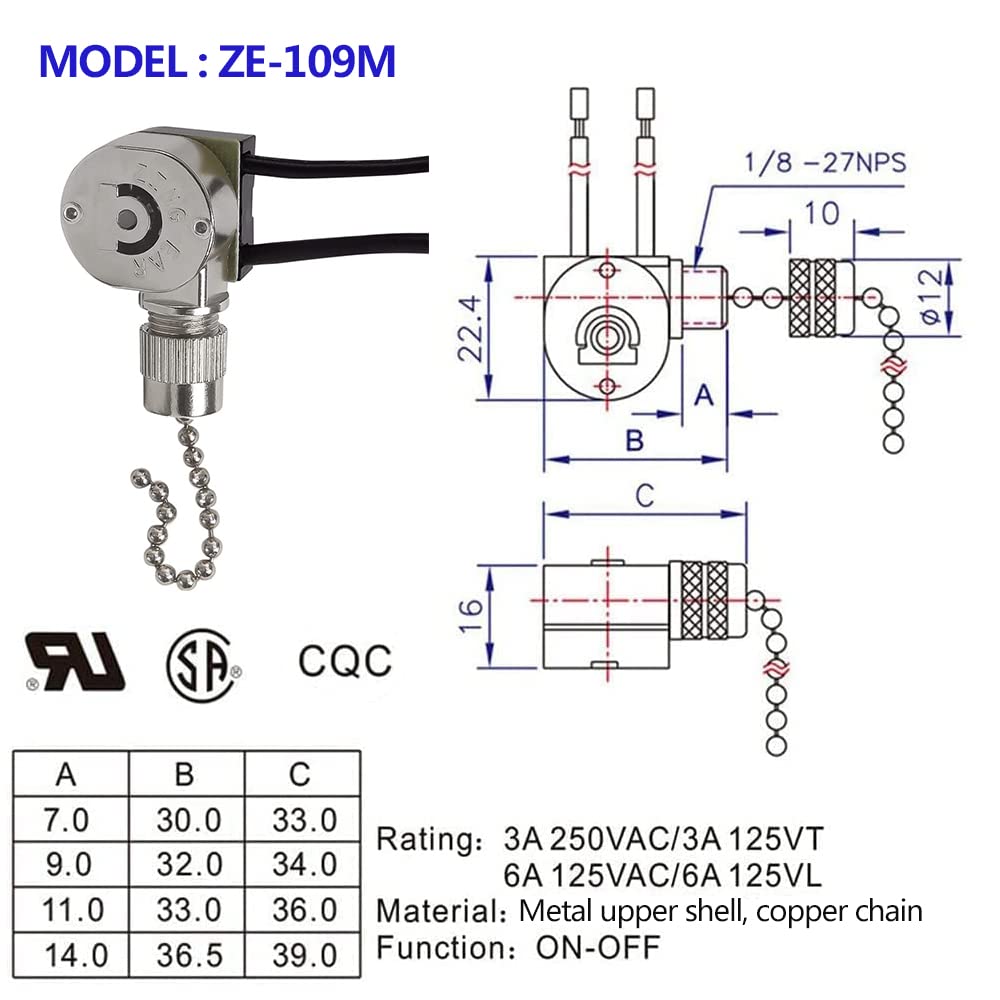 Ceiling Fan Light Switch Ze 109M Metal Pull Chain Switch,Two Wire Fan Switch For Ceiling Fan Light Fixture Replacement Parts Nic