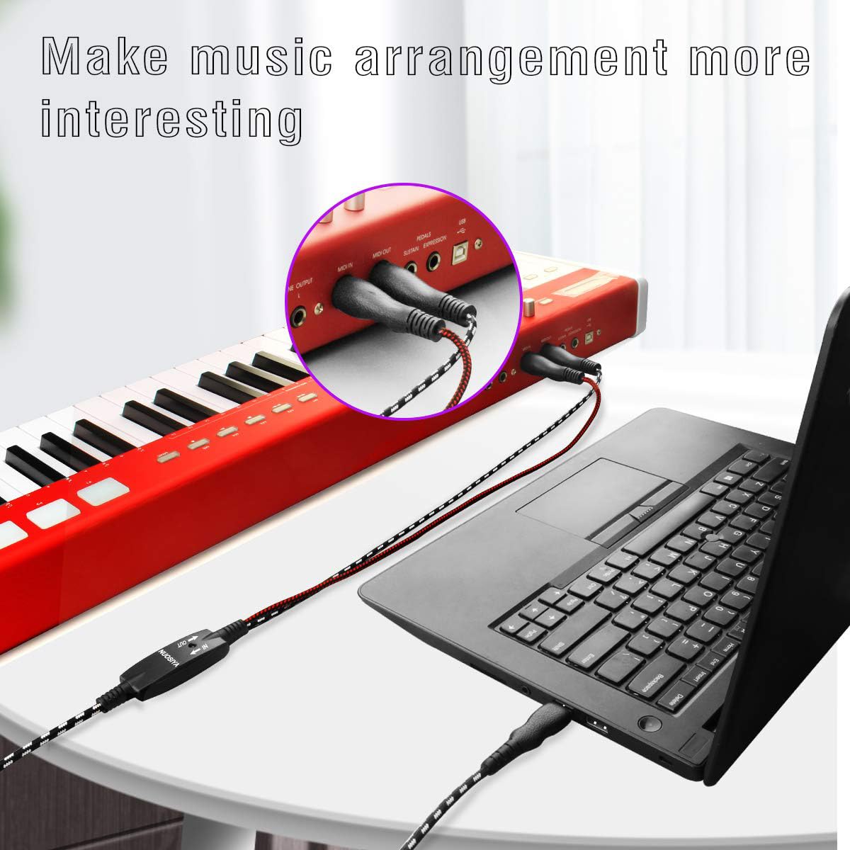 Nuosiya Midi Cable, Midi To Usb Interface Cable 4.5Ft,Midi Interface In Out To Usb Cord Adapter With Indicator For Piano Keyboar