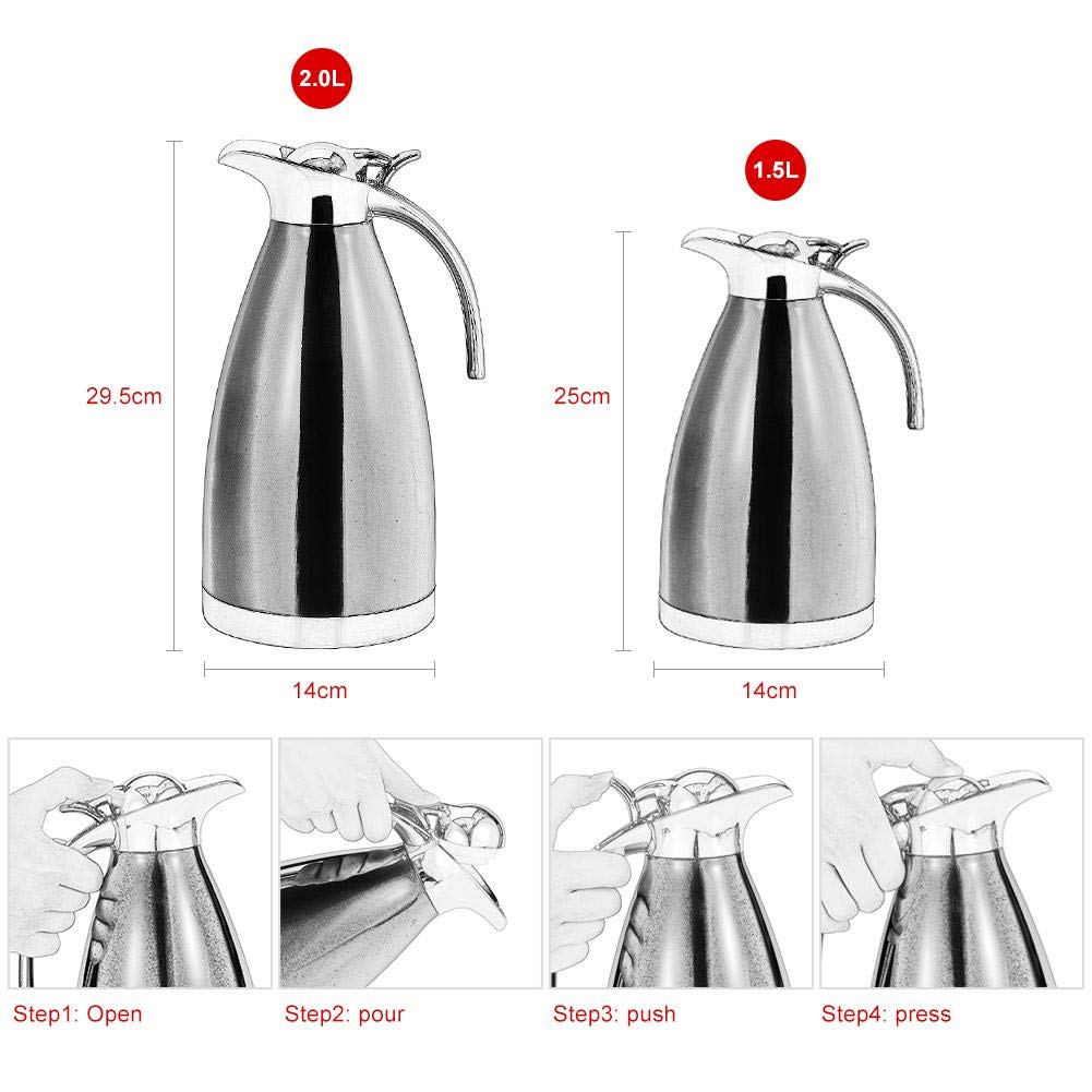 Vacuum Insulated Jug Thermal Carafe Stainless Steel Double Wall Insulation Pot For Coffee Juice Milk Tea Beverages Silver(1.5L/2