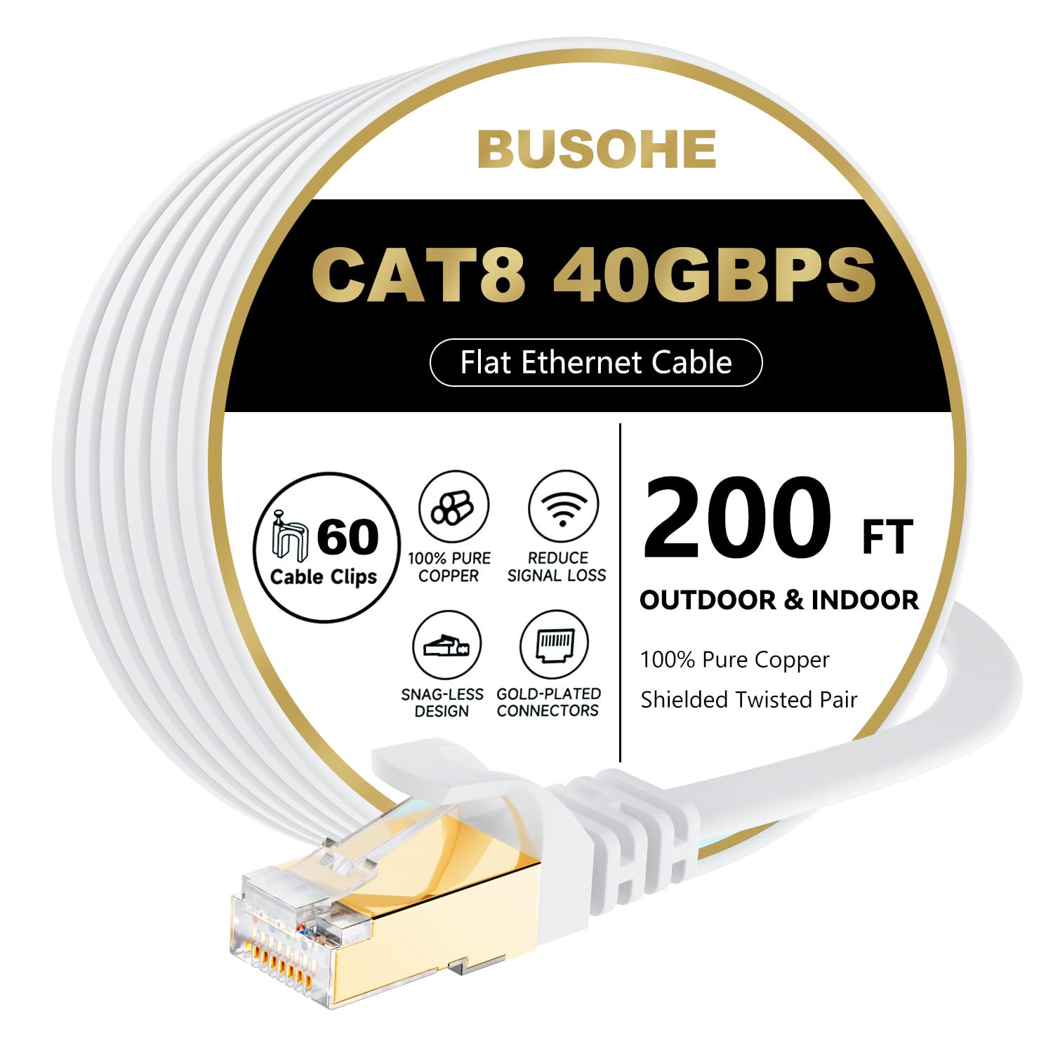 BUSOHE Cat 8 Ethernet Cable 200 FT, 40Gbps 2000Mhz High Speed Flat Cat8 Cable Patch Cord with Gold-Plated RJ45 Connector, LAN Ne