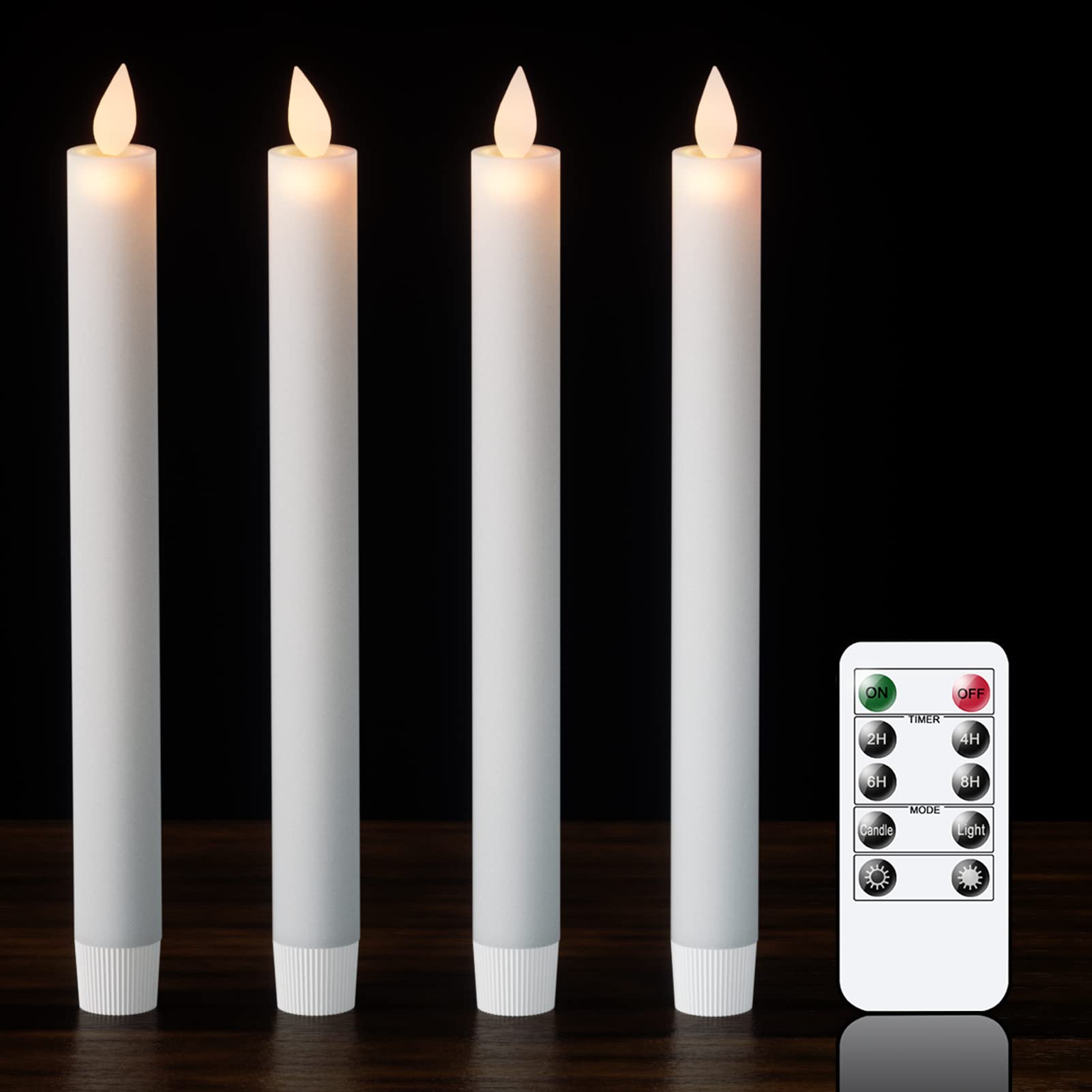 DRomance Flameless Flickering Taper Candles with 10-Key Remote and Timer Battery Operated White Real Wax LED Candlesticks Dinner