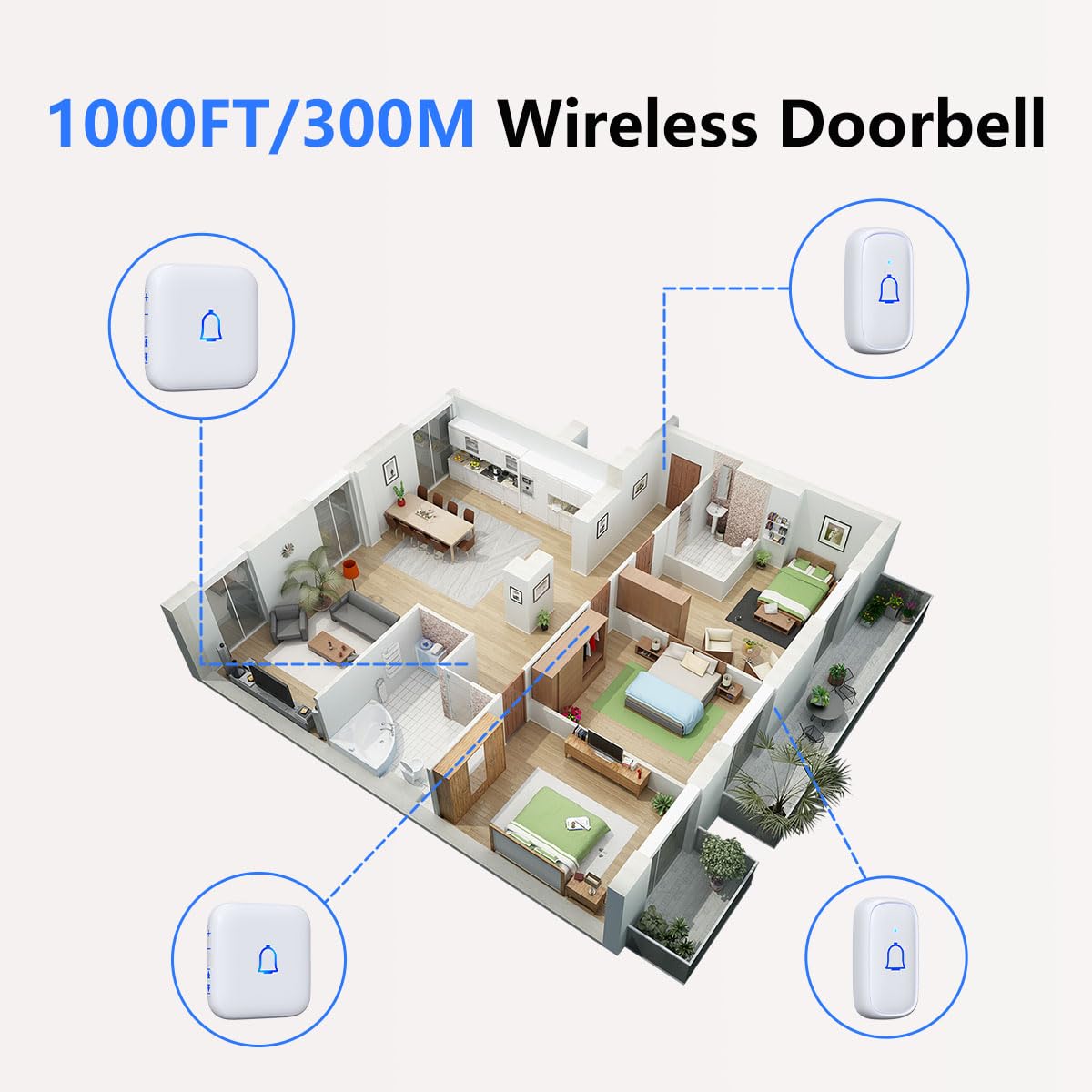Wireless Doorbell Ip66 Waterproof 1000 Feet With 56 Chimes 115Db 7 Volume Levels Mute Mode With Led Flash Doorbell Ringer Wirele