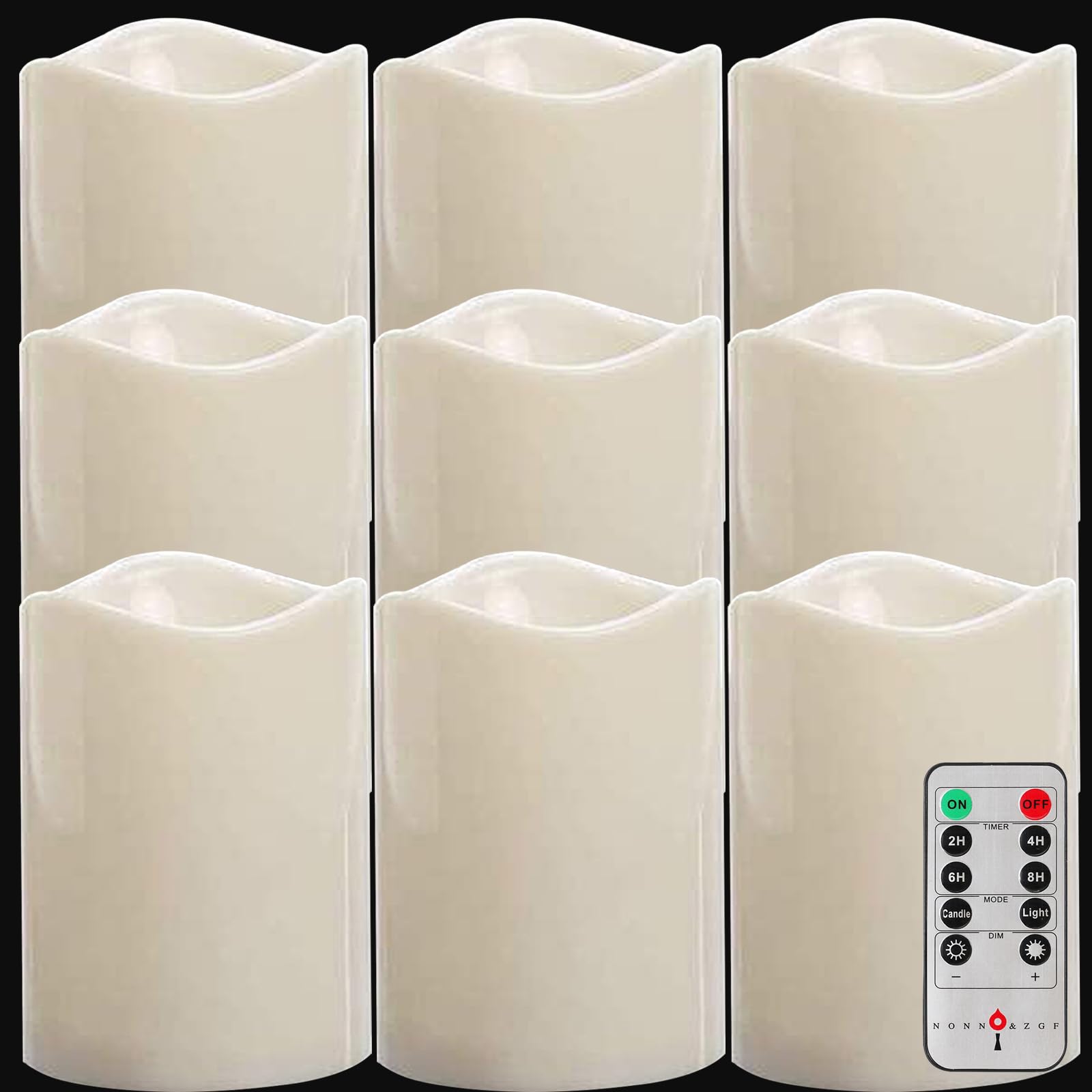 NONNO&ZGF Set of 9 Outdoor IP44 Warm White LED Rainproof Waterproof Flameless Battery LED Pillar Candles with Remote and Timer, 