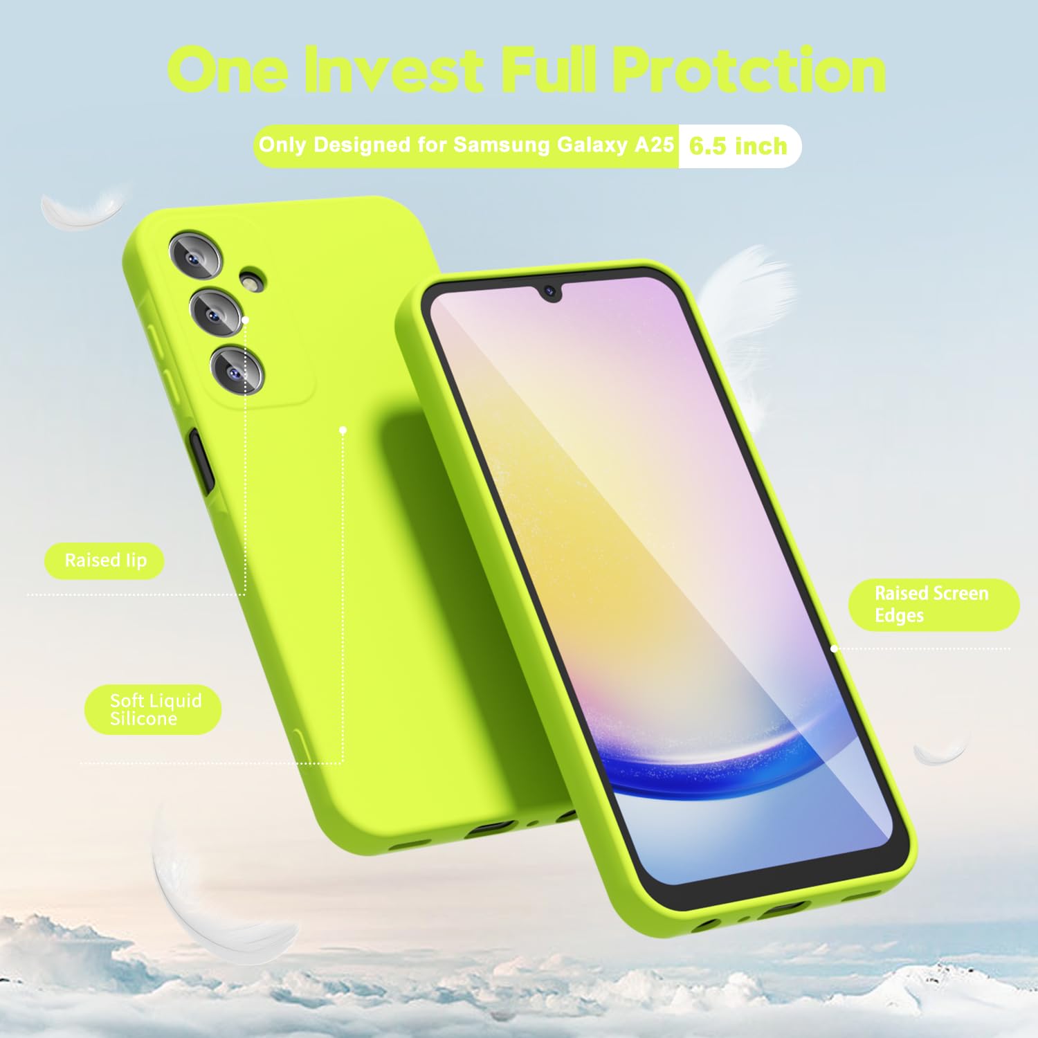 Oakxco For Samsung Galaxy A25 5G Phone Case Liquid Silicone, Neon Bright Solid Color, Thin Slim Soft Rubber Gel Matte Tpu Plain