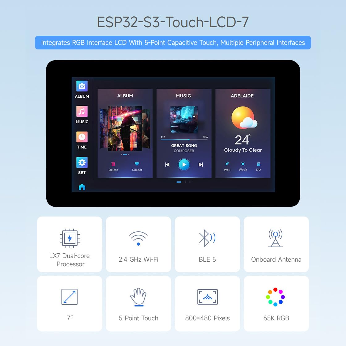 Waveshare Esp32 S3 7Inch Capacitive Touch Lcd Development Board, Esp32 With Display, 800  480, 5 Point Touch, Up To 240Mhz Frequ