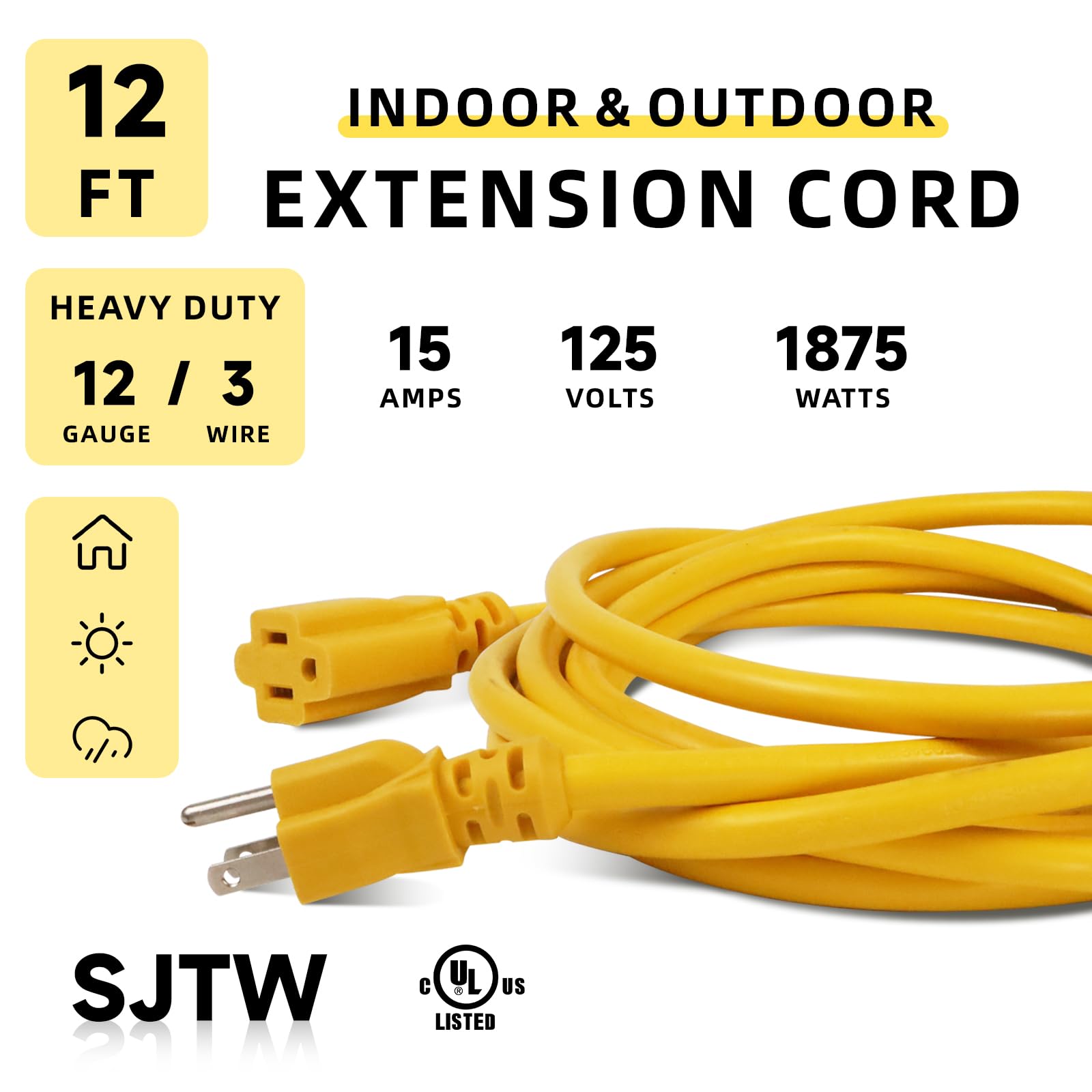 Ep 12 Ft Outdoor Extension Cord, 12/3 Sjtw Heavy Duty Extension Cable With 3 Prong Grounded Plug, 15 Amp Power Cord For Lawn, Ga