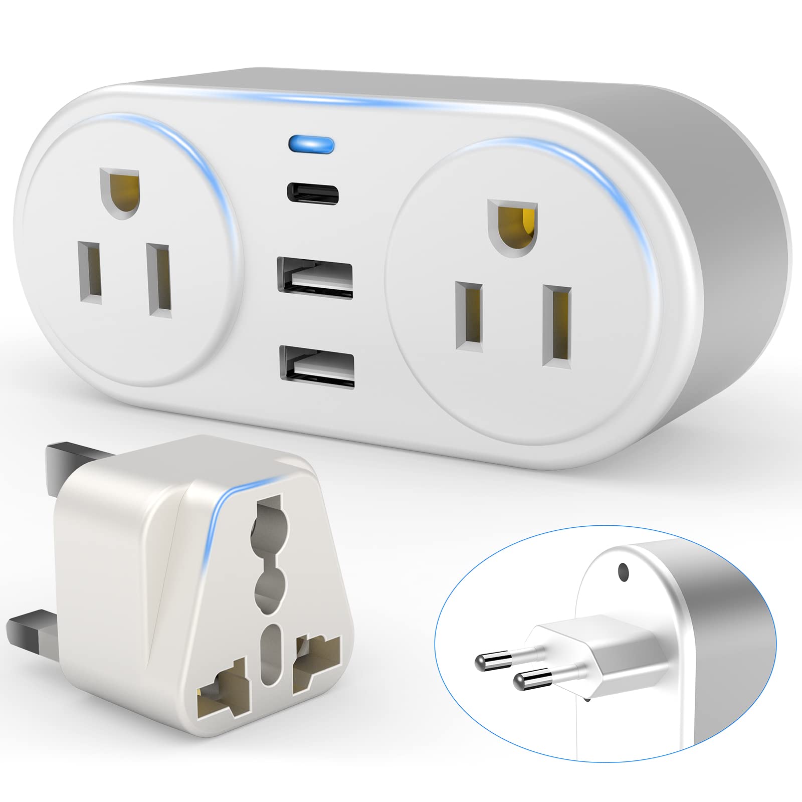 European Travel Plug Adapter For Europe & Uk, Chuafiur International Power Plug With 2 Ac Outlet And 3 Usb Ports, Type C Adapter