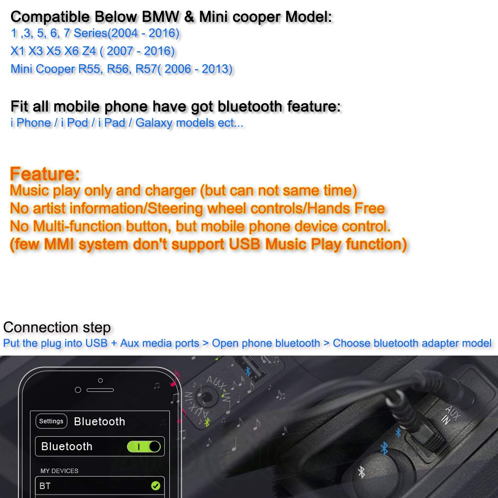 Bojer Bluetooth Adapter Compatible With Mini Cooper Bmw Car Apple Android Phone Music Aux 3.5 Wireless Cable Capable Devices