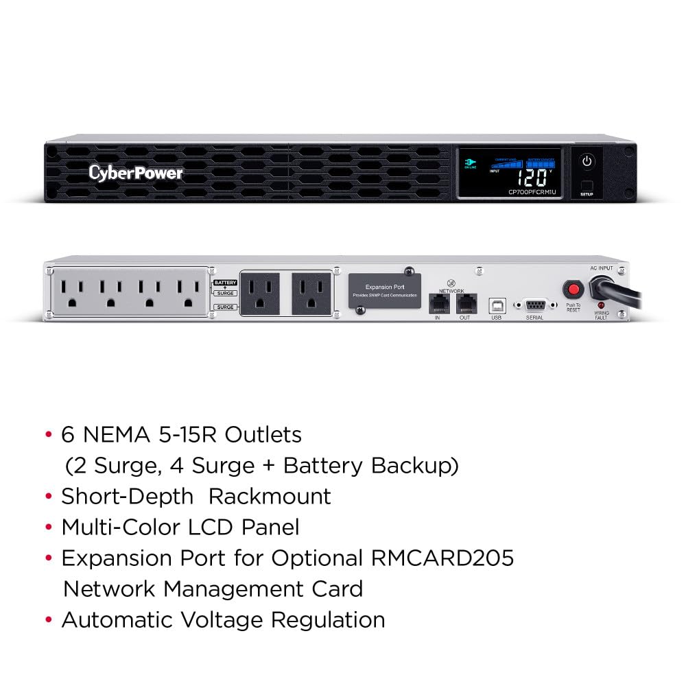 Cyberpower Cp700Pfcrm1U Pfc Sinewave Ups, 700Va/400W, 6 Outlets, Avr, 1U Rackmount