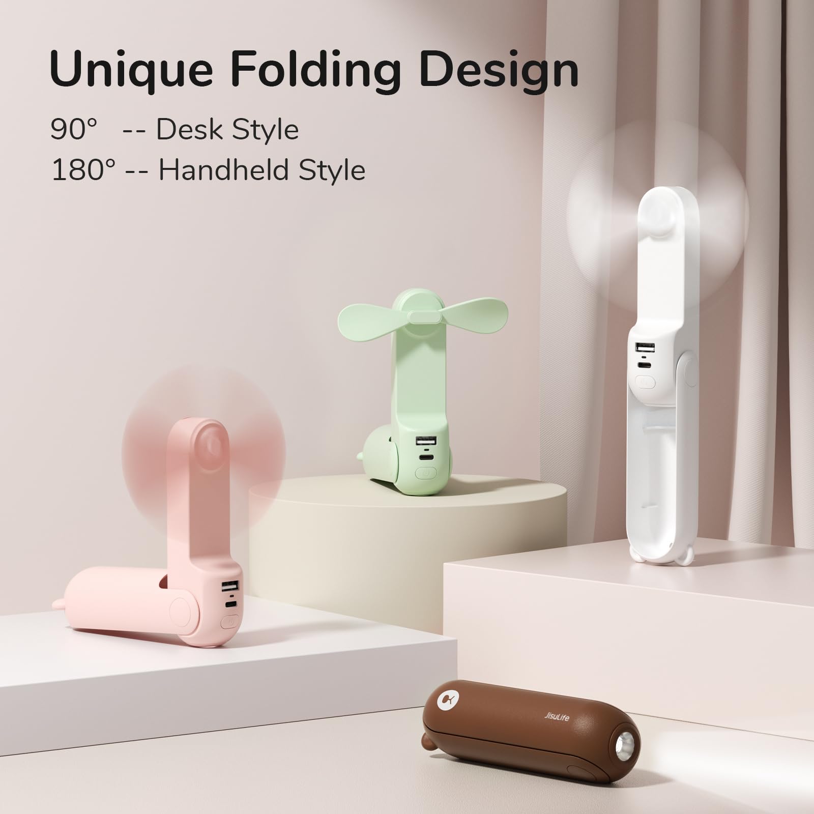 Jisulife Handheld Mini Fan, 3 In 1 Hand Fan, Usb Rechargeable Small Pocket Fan [12 19 Working Hours] With Power Bank, Flashlight