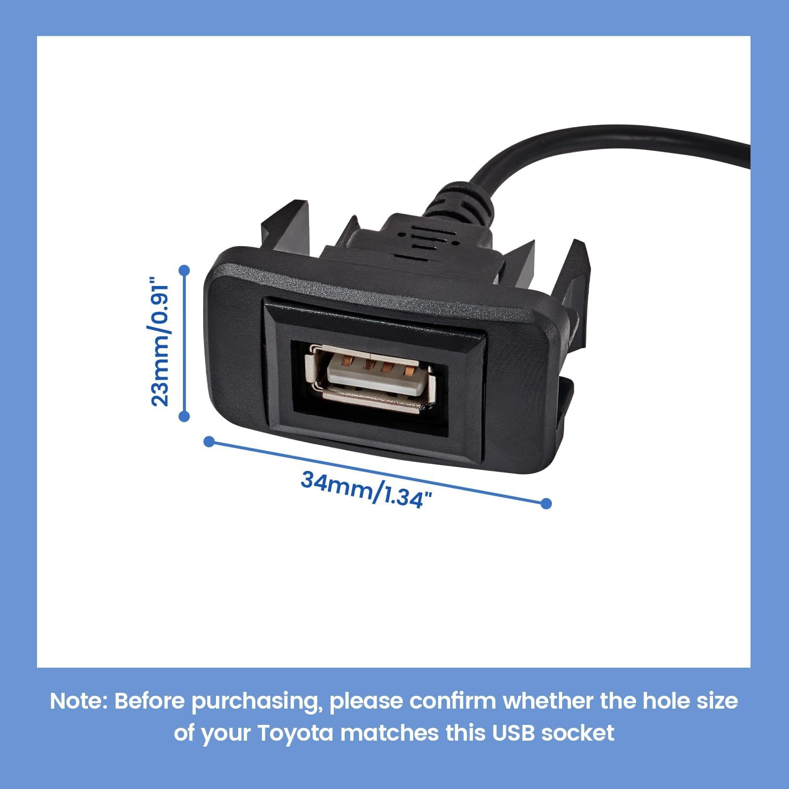 Anina Usb Port Car Charger For Toyota, Male To Female Usb Power Socket Adapter, Panel Flush Mount Extension Cable For Camry Rav4 Corolla Highlander, Square Vehicle Dash Port For Ios Android (34*23Mm)