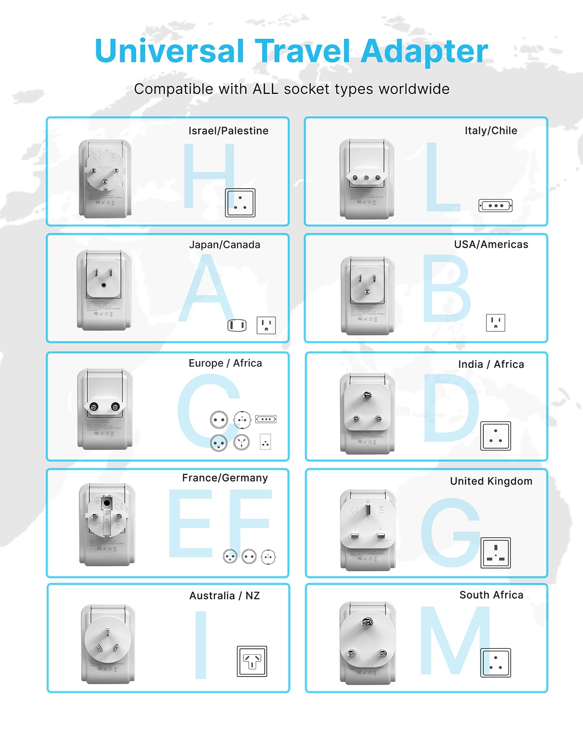Vintar Universal Travel Adapter Kit, International Power Adapter With 4Ac And 3Usb Ports(2 Usb C), Type A,B,C,D,E/F,G,H,I,L,M Sw