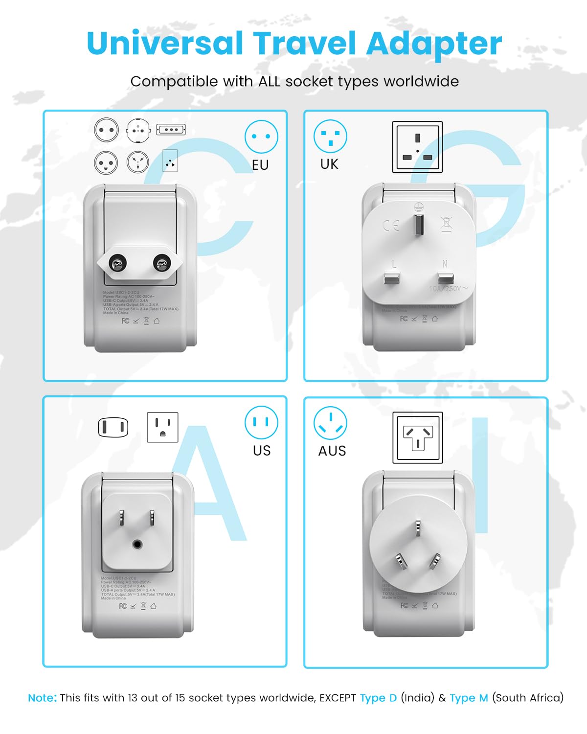 Universal Travel Adapter Kit, Vintar International Plug Adapter With 3 Usb Ports(2 Usb C, 3.4A) And 2 American Outlets, Type A,C
