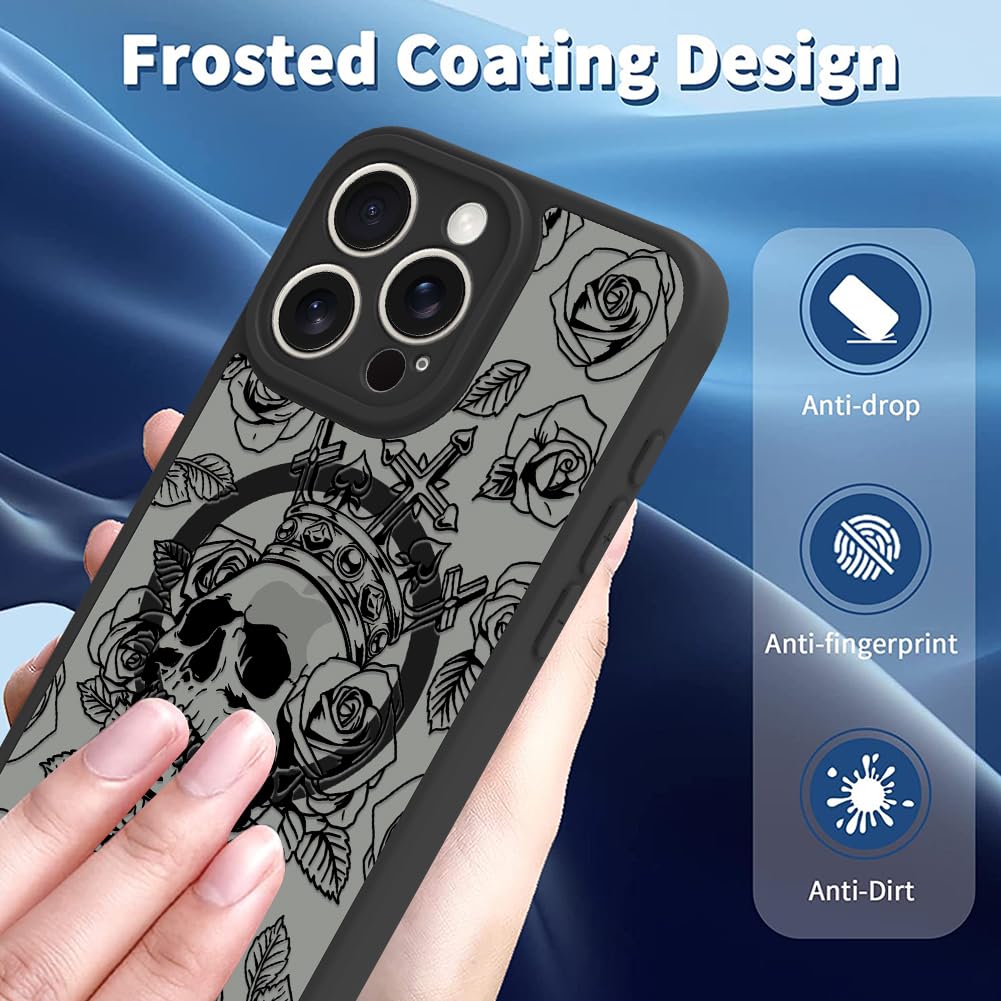 Ook Magnetic For Iphone 15 Pro Max Case Black Skull Flower [Compatible With Magsafe] Slim Translucent Matte Camera Lens Protecti