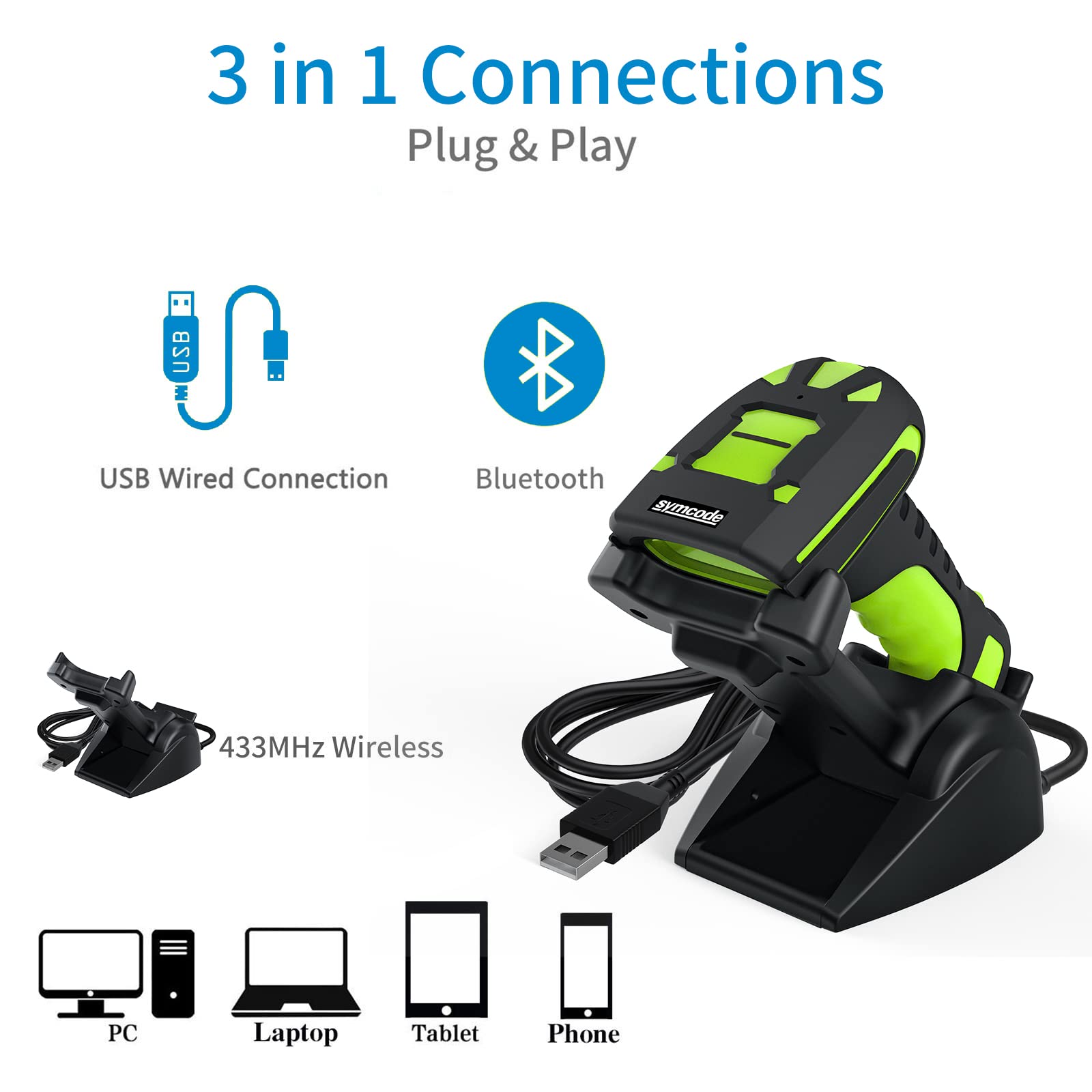 2D Bluetooth Industrial Barcode Scanner, Industrial Bar Code Reader With Wireless 433Mhz 1800 Feet Transmission Distance,For Int