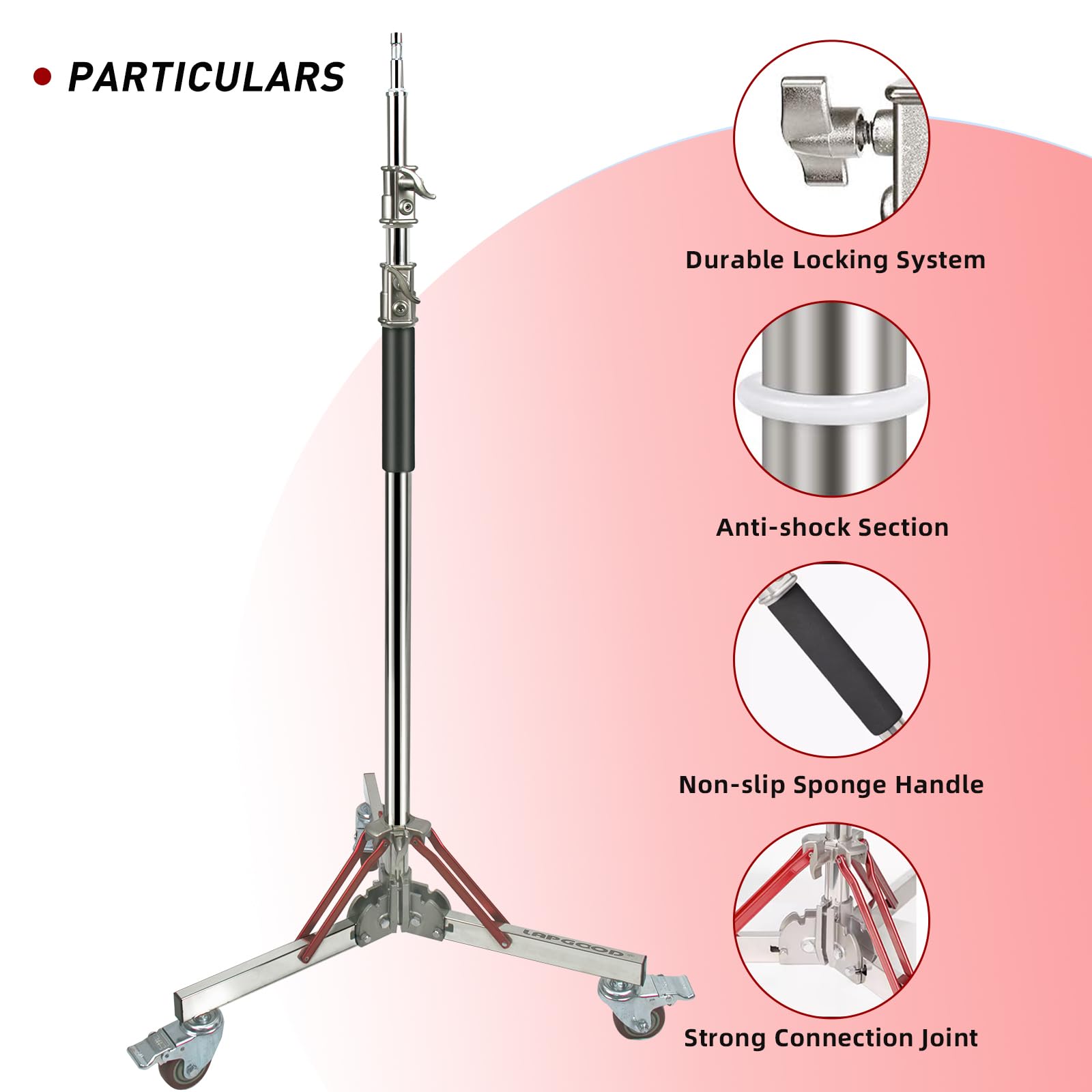 Lapgood Heavy Duty Light Stand With Casters, Adjustable Tripod Stand With 100% Stainless Steel, Photography Wheeled Base Stand F