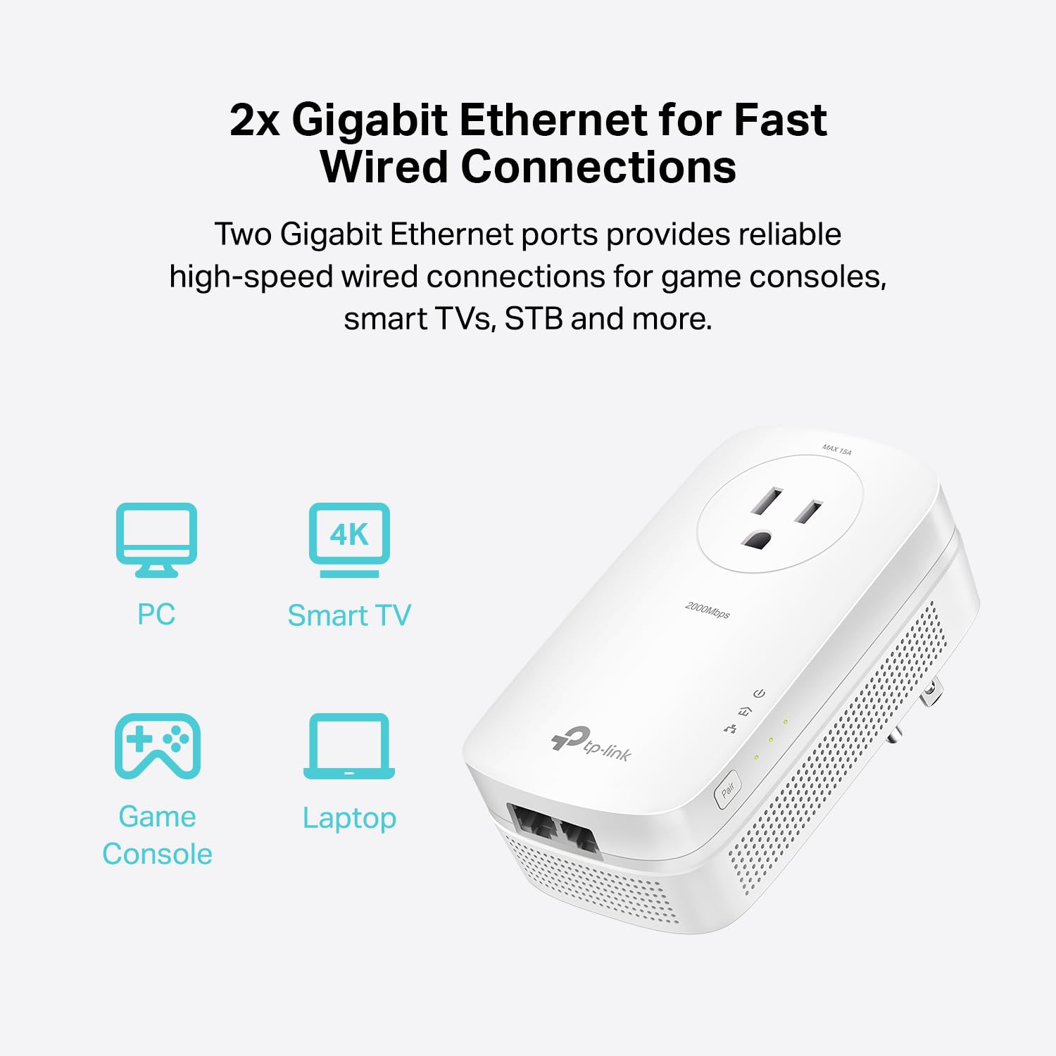 TP-Link AV2000 Powerline Ethernet Adapter TL-PA9020P KIT - 2-Port, White, with Passthrough, Noise Filter, 2 Gigabit Ports, Power Saving Mode