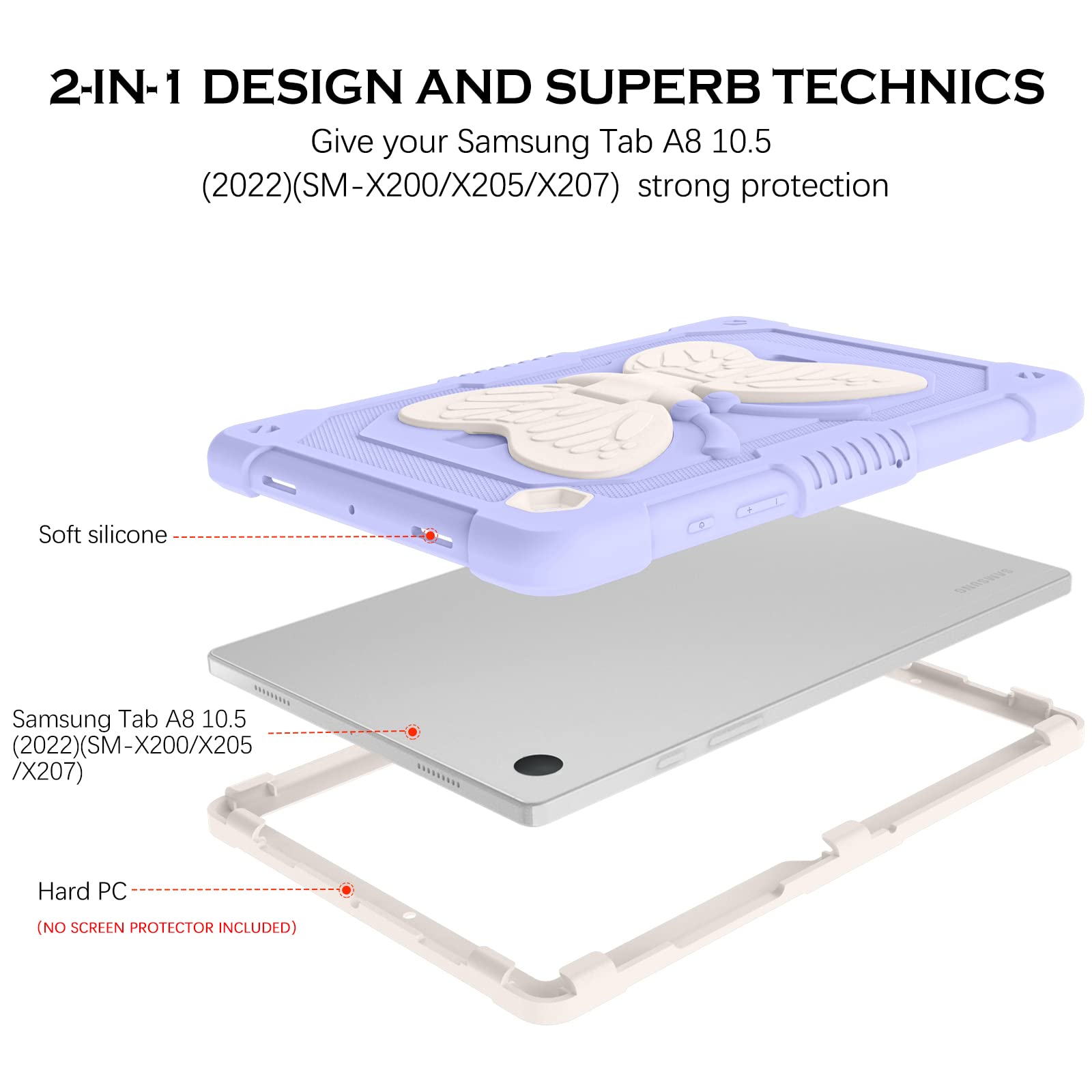 Yinlai For Samsung Galaxy Tab A8 Case,Tab A8 10.5 Case Silicone Butterfly Kickstand Kids Girls Women Shockproof Protective Table