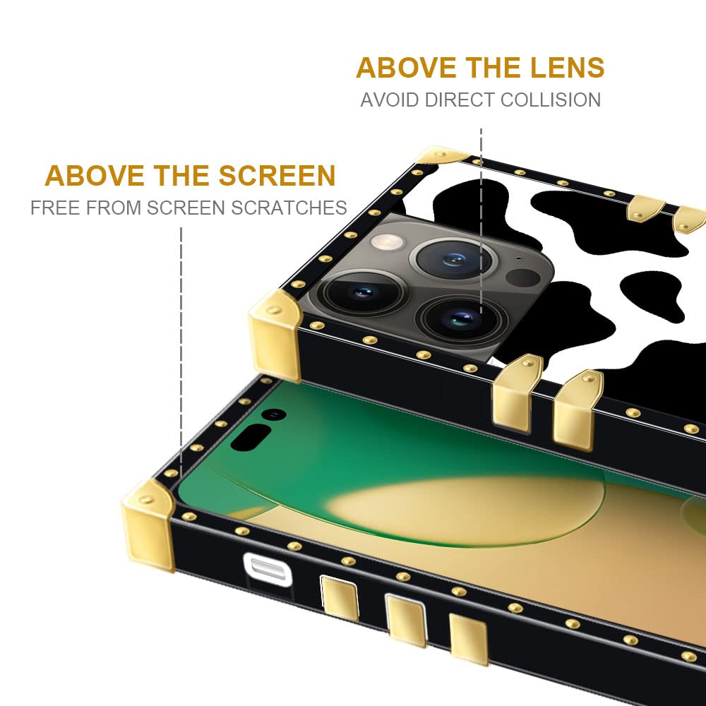 Pinsheng Phone Case Compatible with iPhone 14 Pro Max, Cow Print Square Shockproof TPU Metal Corner 6.7 inch