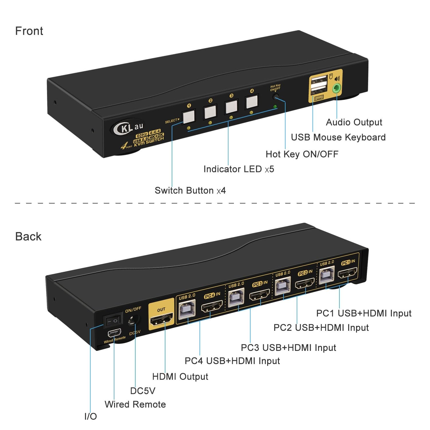 Cklau Kvm Switch Hdmi 4 Port Wit Audio And 4 Kit Cables, 4 Port Hdmi Kvm Switch Support 4K@60Hz 4:4:4, Edid, Hotkey Switching