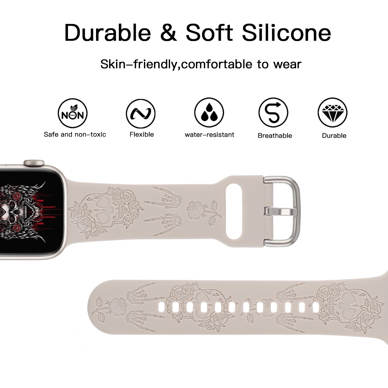 Halloween Skull Engraved Silicone Band Compatible With Apple Watch 42Mm 44Mm 45Mm,Floral Carved Soft Silicone Sport Wristband Cu