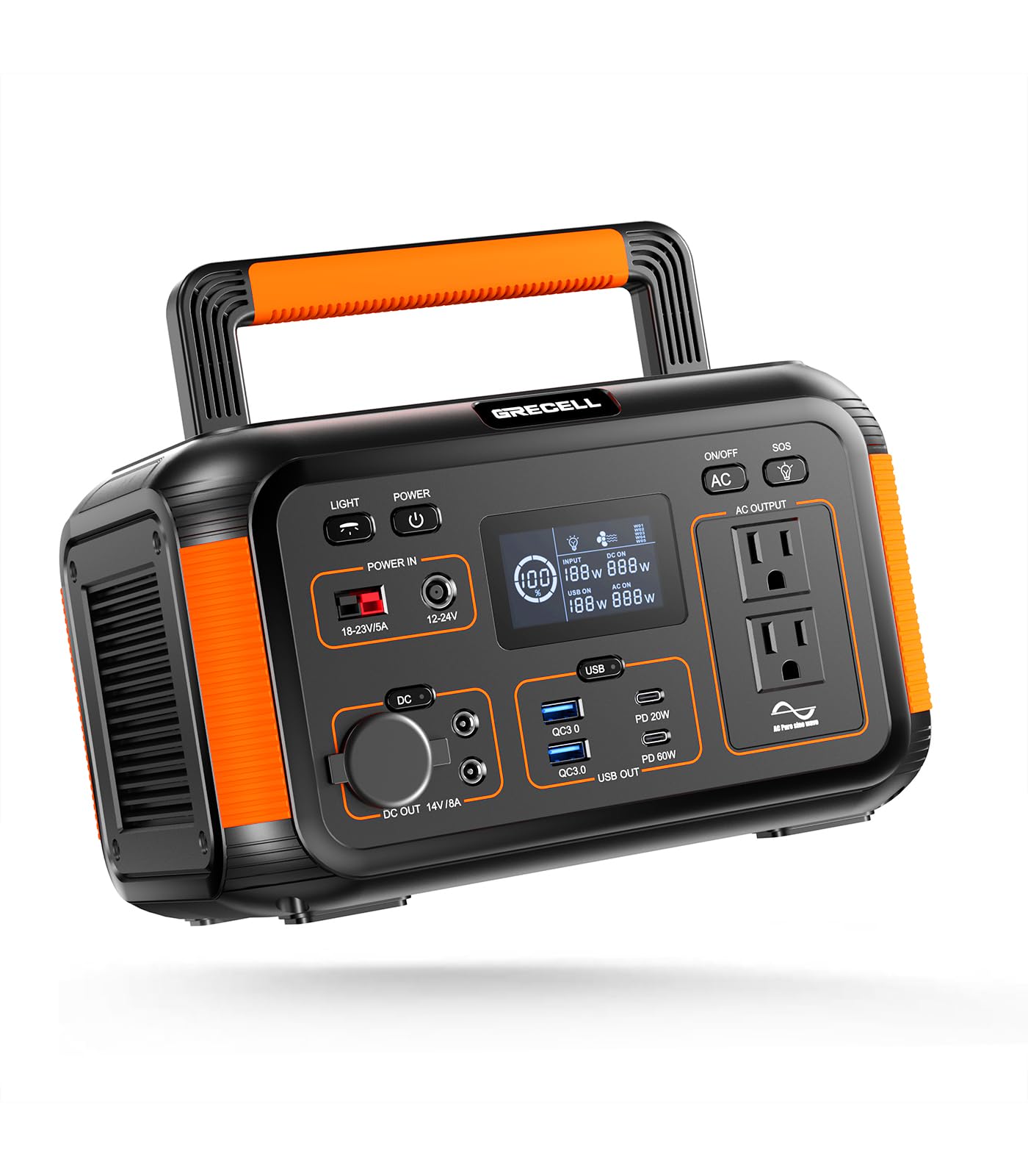 GRECELL 500W Portable Power Station 444Wh Solar Generator with 110V Pure Sine Wave AC Outlet/PD60W, 1000W Peak power station for