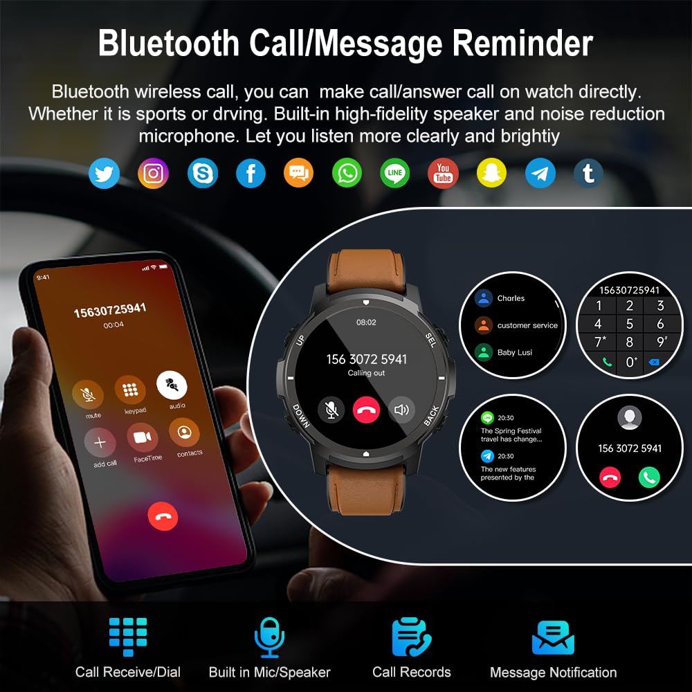 Basznrty Smart Watch For Men Fitness: (Make/Answer Call) Bluetooth Military Smartwatch For Android Iphone Phones Waterproof Outd