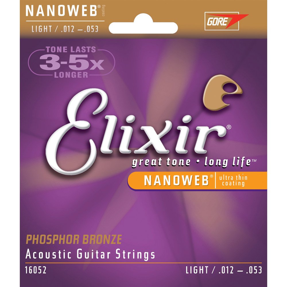 Elixir 16052 Phosphor Bronze Nanoweb Coating Acoustic Guitar Strings, Light, 12 53 (2 Pack)