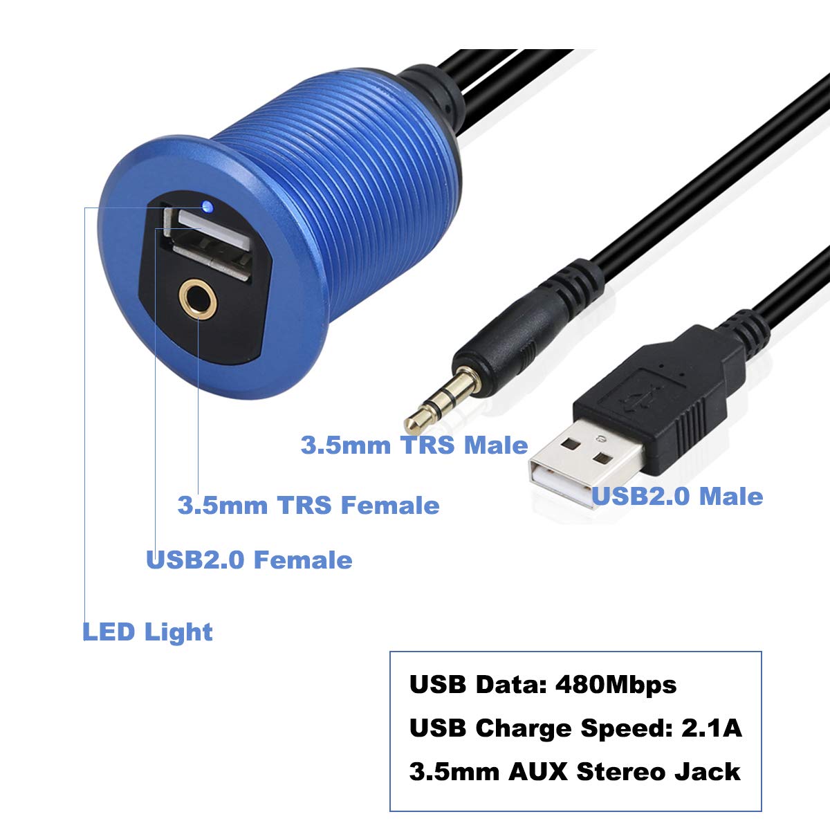 Kework Metal Usb 2.0 Port & 3.5Mm Jack Mount With Light, 3.3Ft Usb & 3.5Mm Male To Usb & 3.5Mm Female Flush Mount Panel Mount Extension Aux Cable For Car Truck Boat Motorcycle Dashboard (Blue & 3.3Ft)