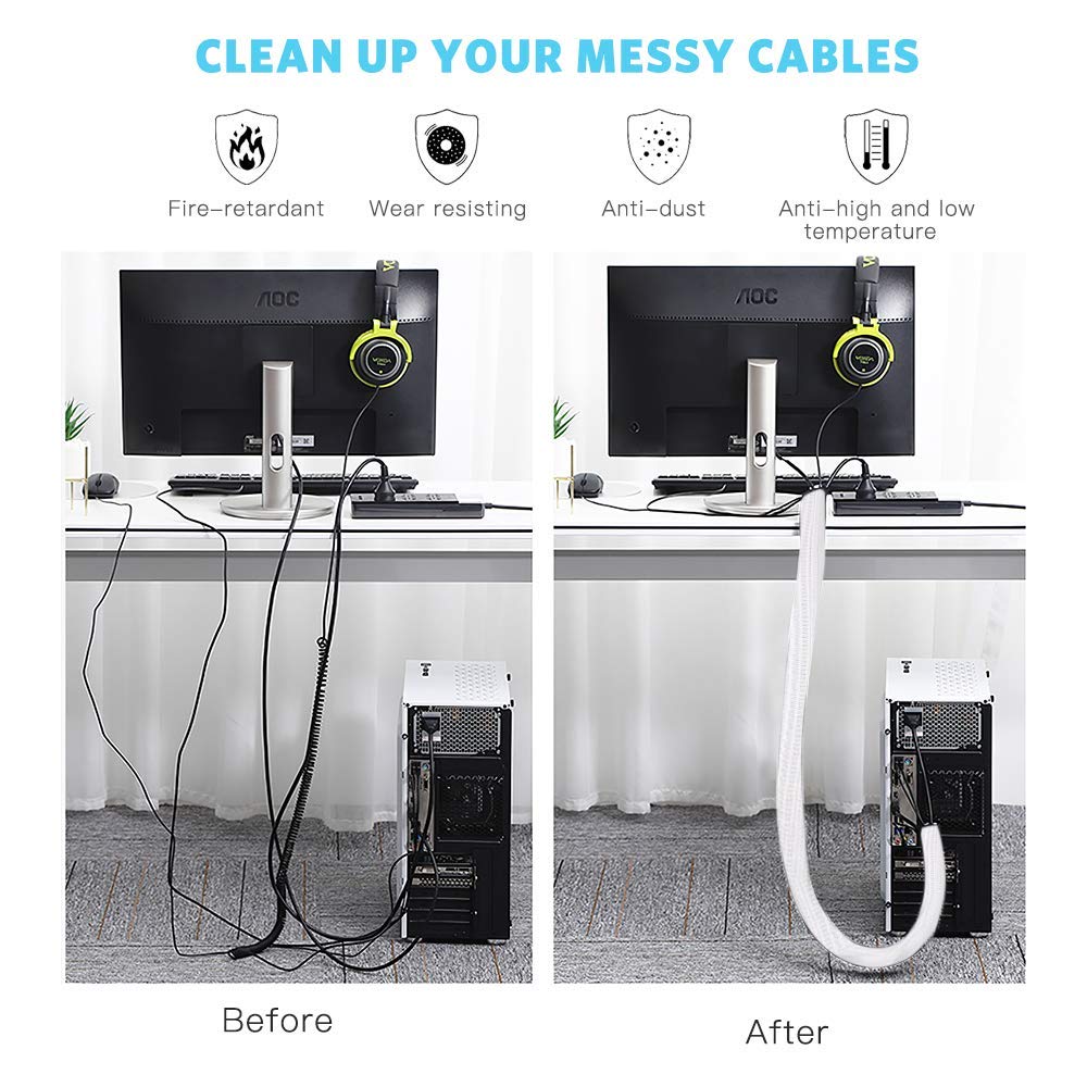 Agptek White Cable Sleeve Cover, 6.6Ft   2/3 Inch Cord Management Wire Organizer Under Desk, Home Office Computer Wire Cover Hid