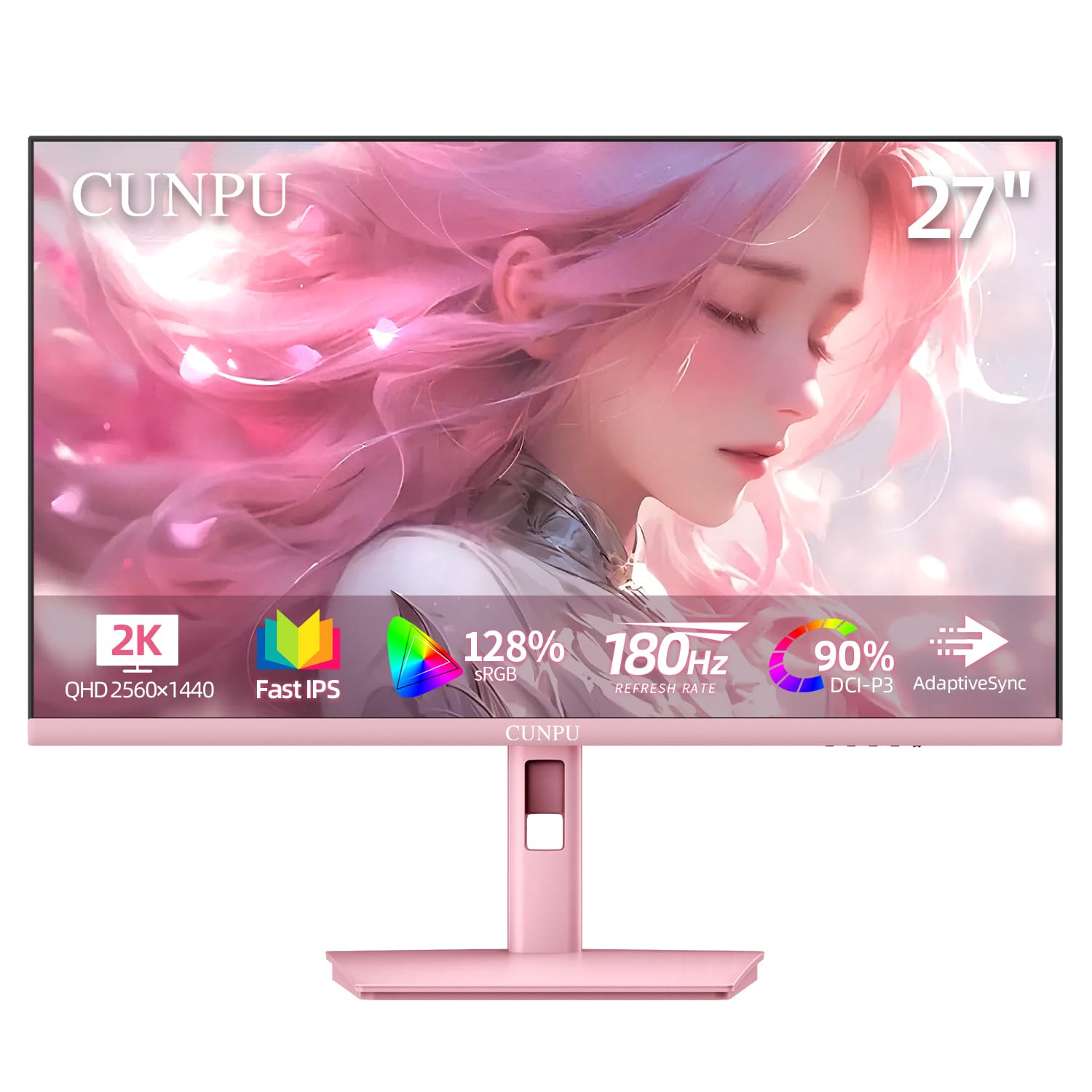 Cunpu 27 Inch Pastel Pink Gaming Monitor Qhd 2560X1440 180Hz 1Ms Gtg Fast Ips Computer Monitor, 90% Dci P3, Adaptive Sync, Built