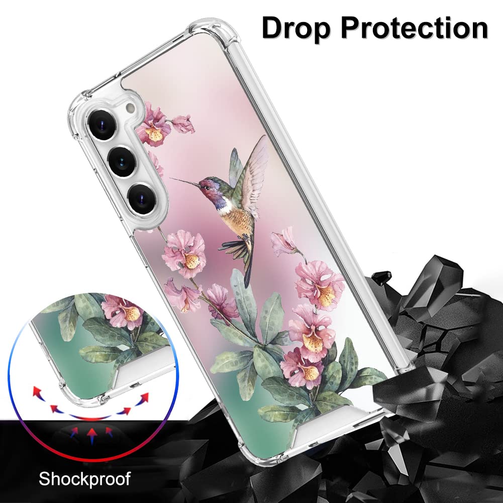 Ook Clear Case Compatible With Samsung Galaxy S23 Plus 5G, Pink Hummingbird Pattern Flexible Tpu Shockproof Anti Scratch Bumper
