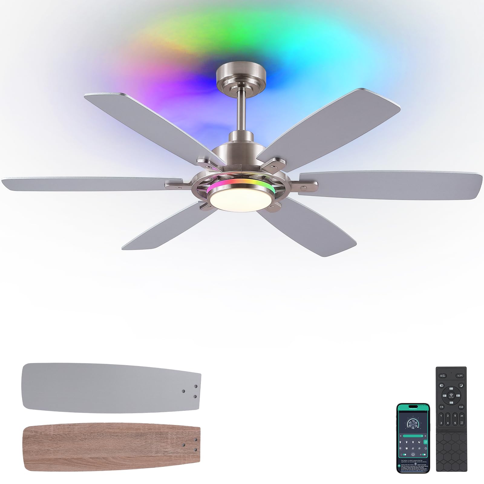 SHIHOT 54 RGB Ceiling Fans with Lights and Remote/APP,Modern Led Ceiling Fans with Quiet Reversible DC Motor,Sand Nickel